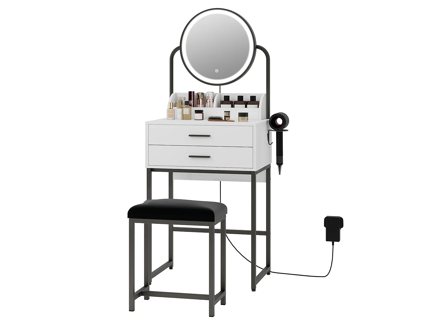 Coiffeuse avec miroir rond LED 3 modes d’éclairage, 2 tiroirs compartimentés, support sèche-cheveux, tabouret rembourré PU, Noir 55x40x118cm - Puluomis