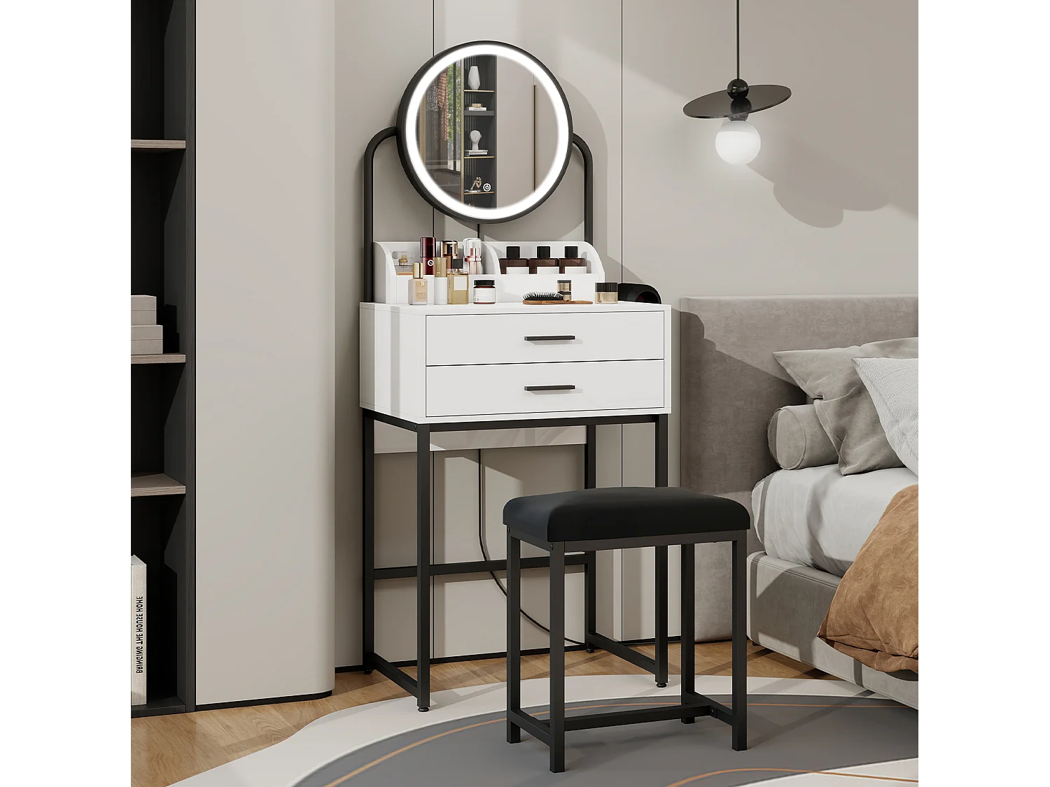 Coiffeuse avec miroir rond LED 3 modes d’éclairage, 2 tiroirs compartimentés, support sèche-cheveux, tabouret rembourré PU, Noir 55x40x118cm - Puluomis