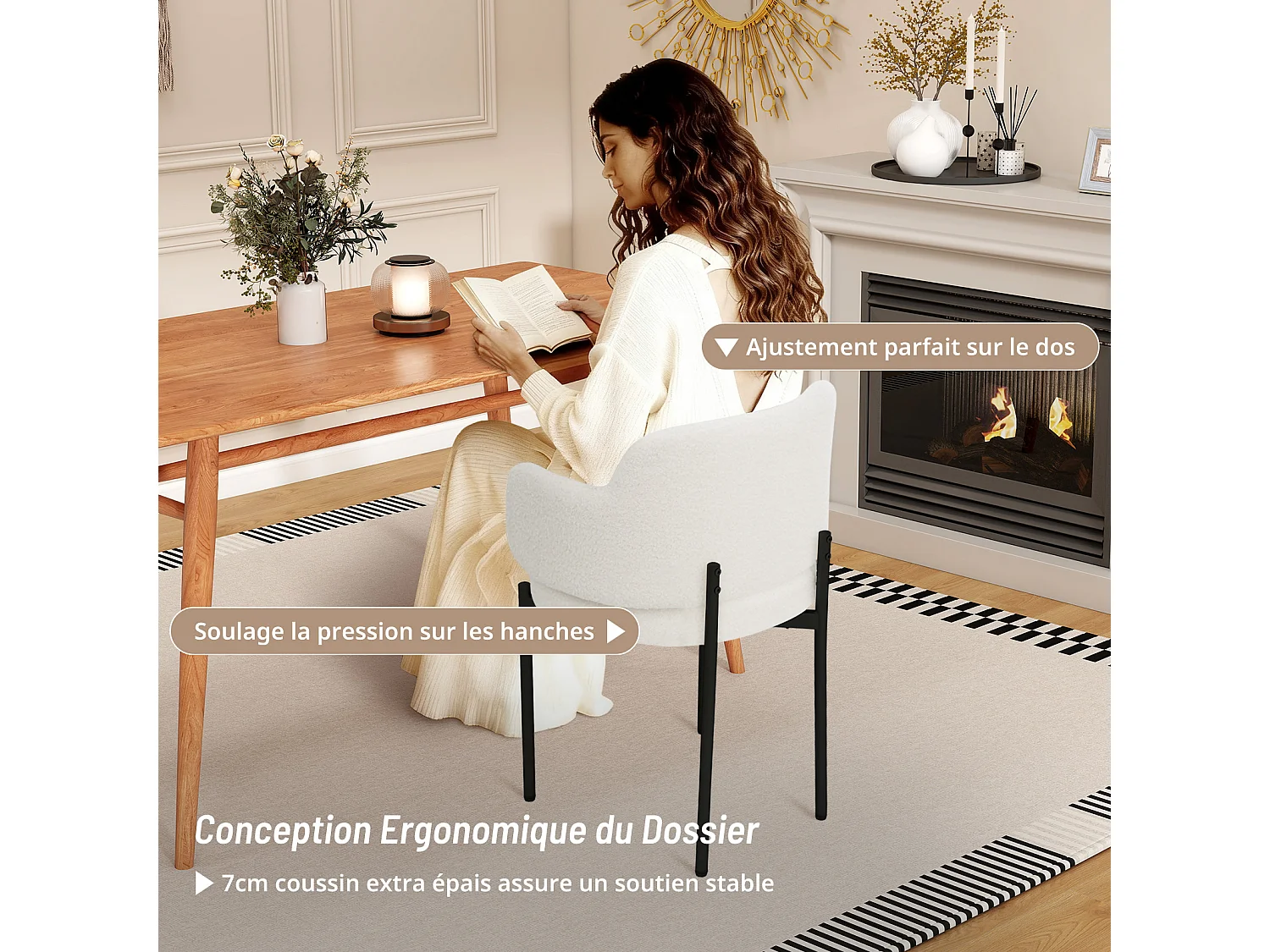 Chaises de Salle à Manger Bouclettes Rembourrées avec Accoudoirs - Dossier Découpé, Éponge Épaisse, Fauteuil Salon Cuisine Coiffeuse, Ergonomique