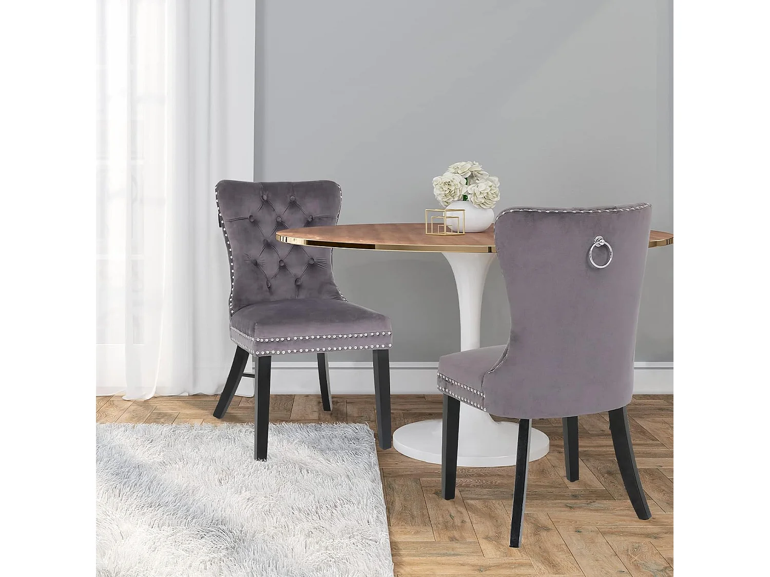 Lot de 2 chaises - Velours et pieds en bois massif - Gris - Puluomis