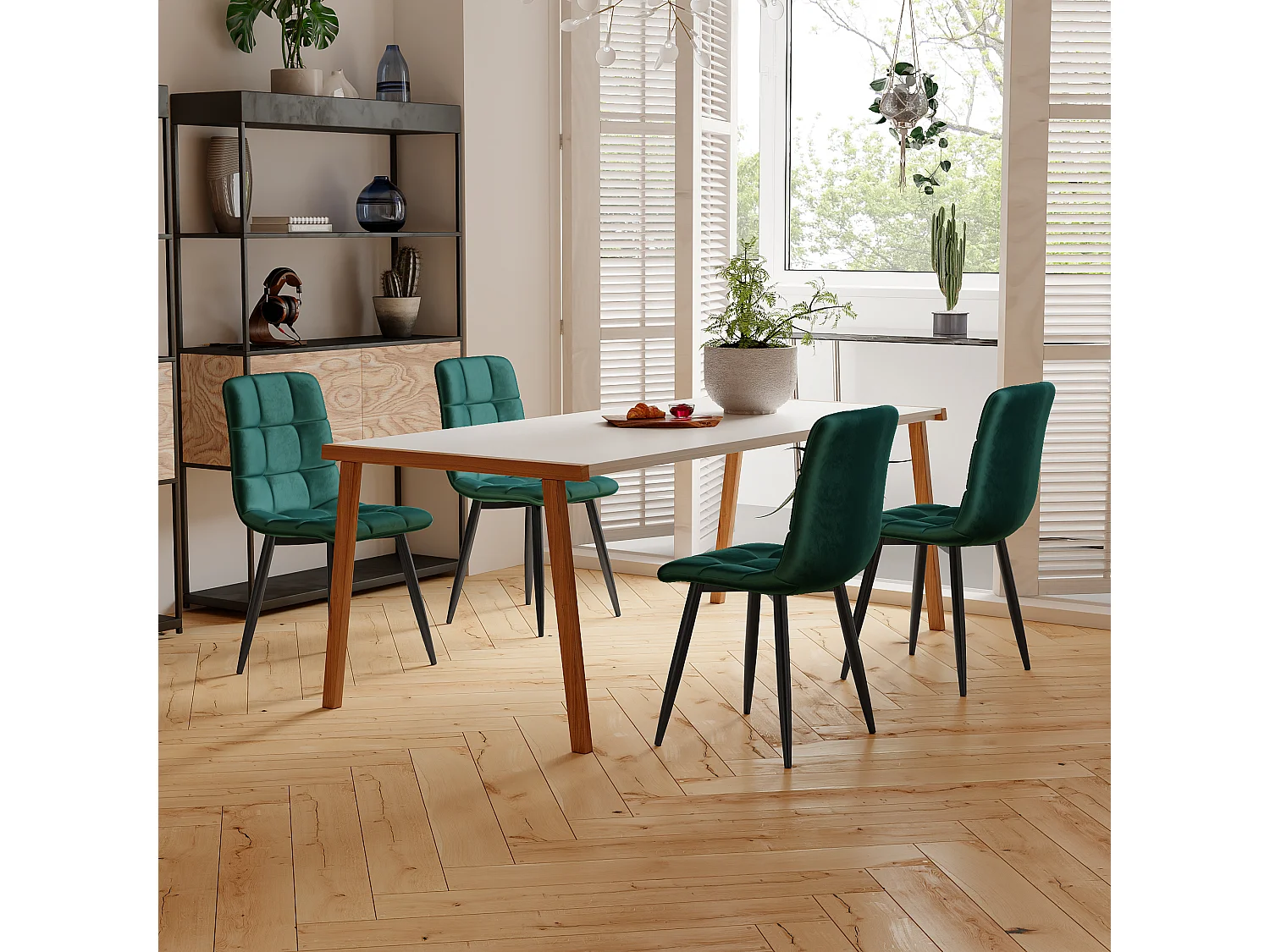 Lot de 4 Chaises de Salle à Manger, Chaises Tapissées avec Pieds en Fer, Salon, Velours, Vert