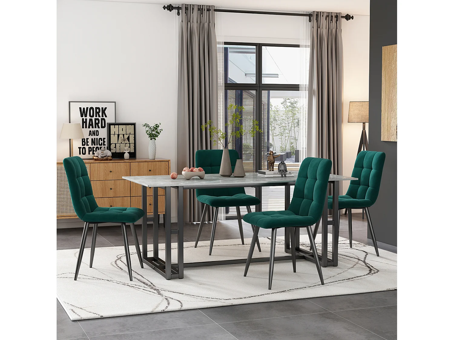 Lot de 4 Chaises de Salle à Manger, Chaises Tapissées avec Pieds en Fer, Salon, Velours, Vert