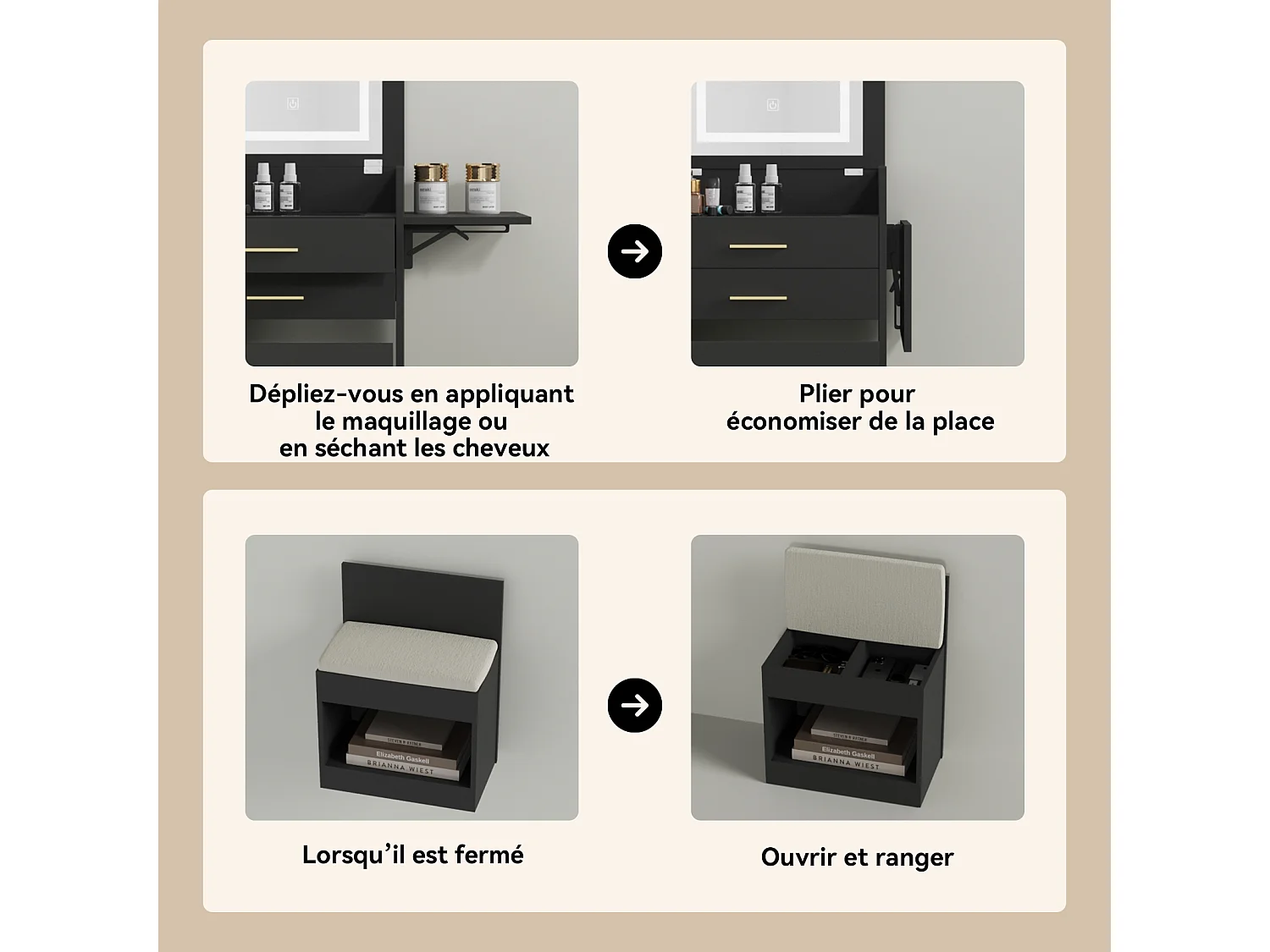 Coiffeuse miroir LED pliable 3 teintes - verre trempé, 2 tiroirs, panneau rabattable, tabouret roulettes - 50x44.5x133cm - Noir - Puluomis