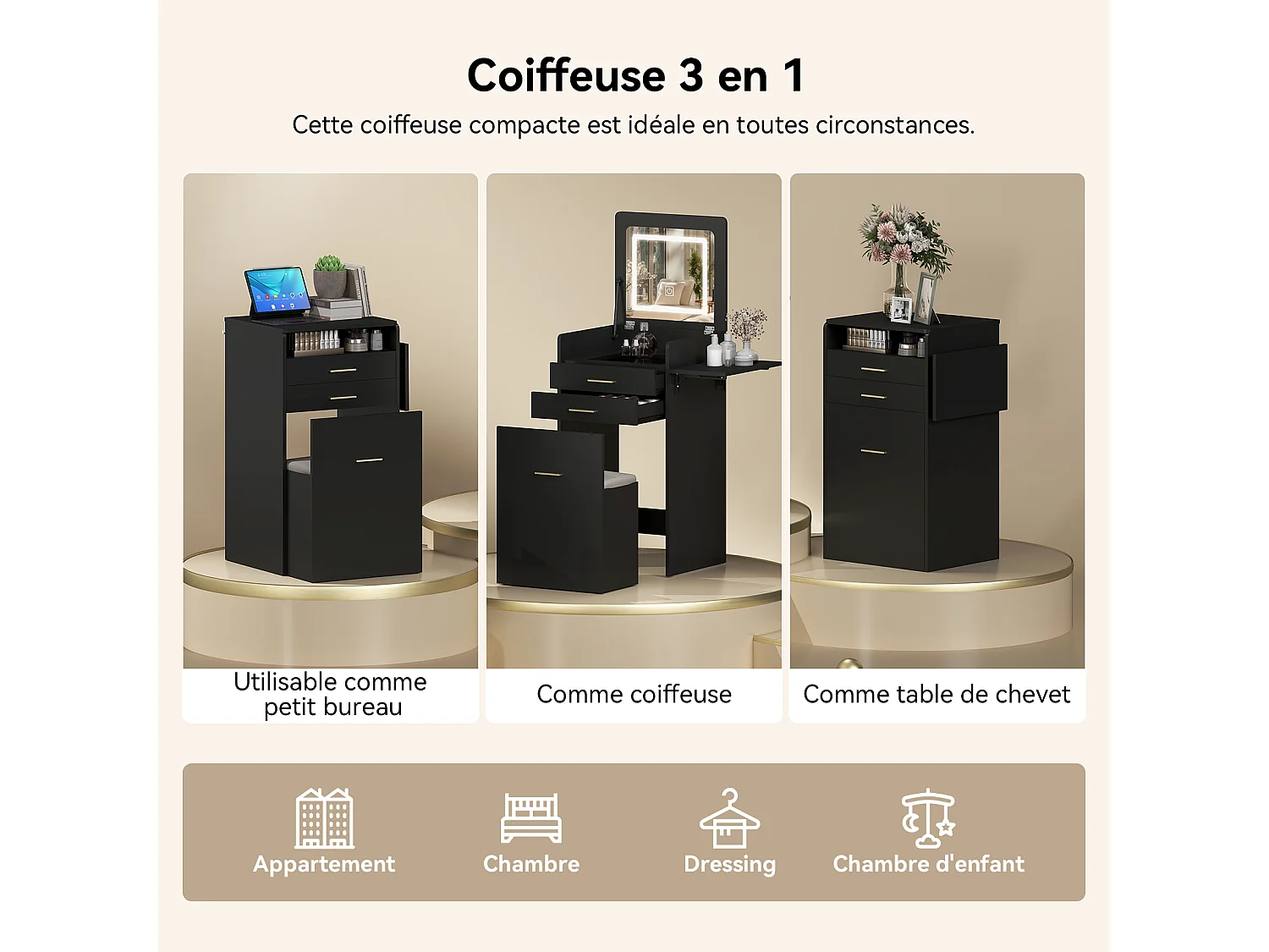 Coiffeuse miroir LED pliable 3 teintes - verre trempé, 2 tiroirs, panneau rabattable, tabouret roulettes - 50x44.5x133cm - Noir - Puluomis