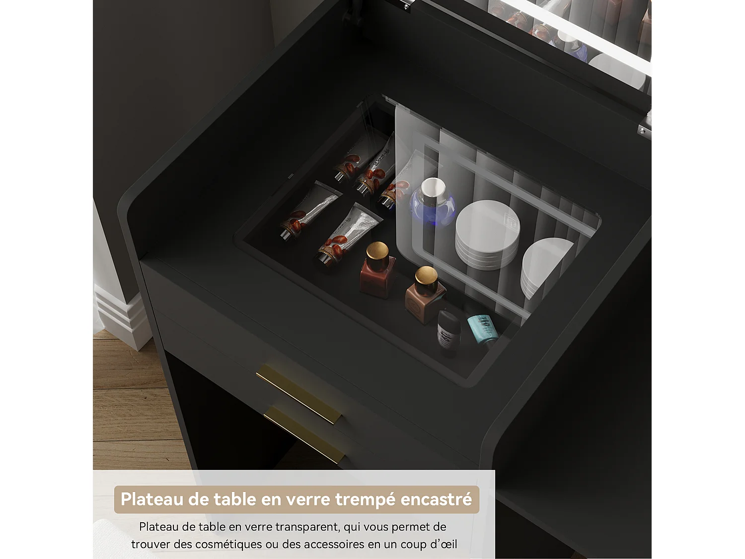Coiffeuse miroir LED pliable 3 teintes - verre trempé, 2 tiroirs, panneau rabattable, tabouret roulettes - 50x44.5x133cm - Noir - Puluomis