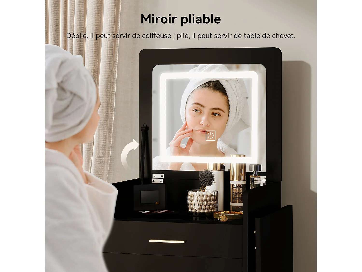 Coiffeuse miroir LED pliable 3 teintes - verre trempé, 2 tiroirs, panneau rabattable, tabouret roulettes - 50x44.5x133cm - Noir - Puluomis
