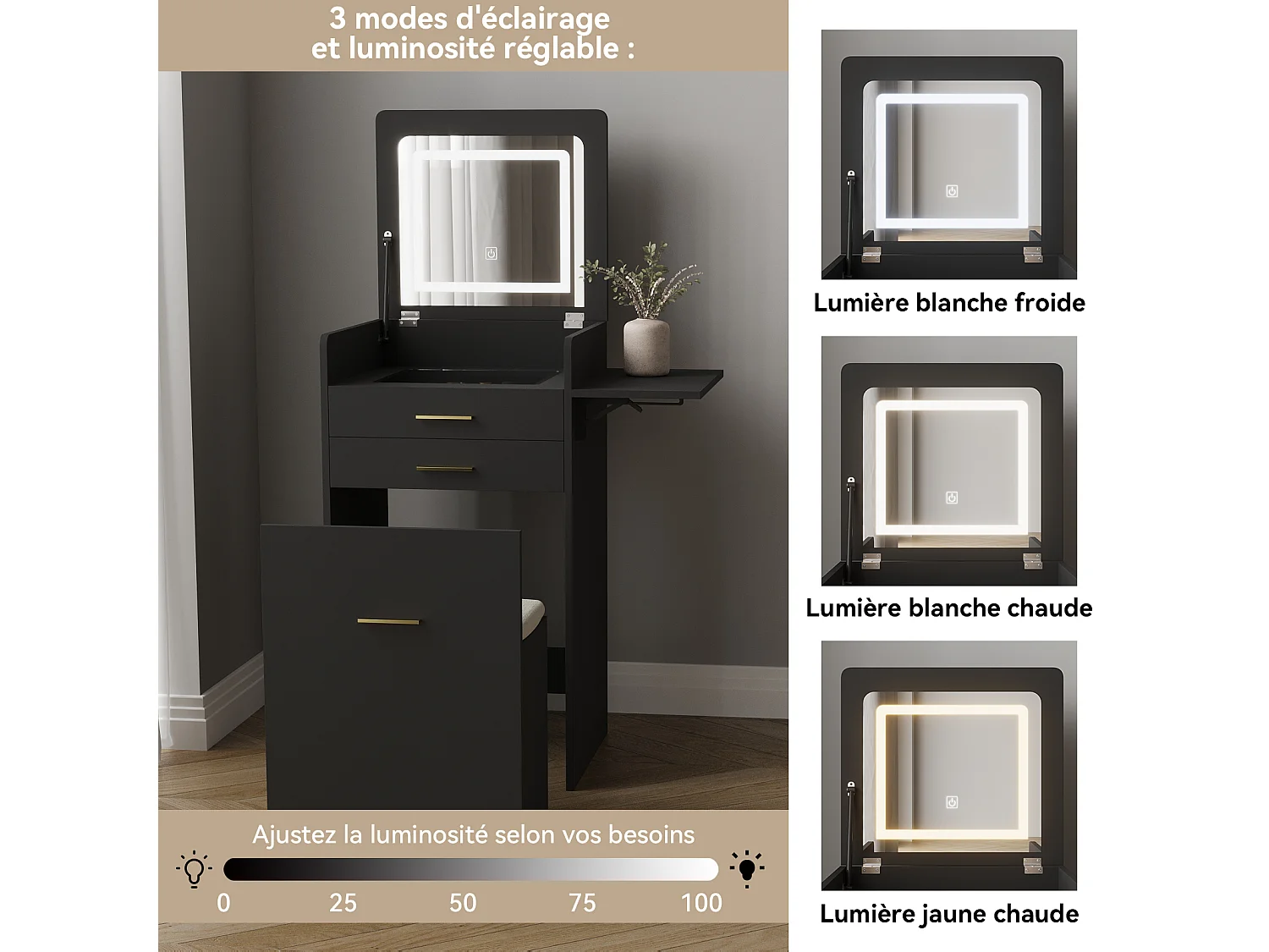 Coiffeuse miroir LED pliable 3 teintes - verre trempé, 2 tiroirs, panneau rabattable, tabouret roulettes - 50x44.5x133cm - Noir - Puluomis