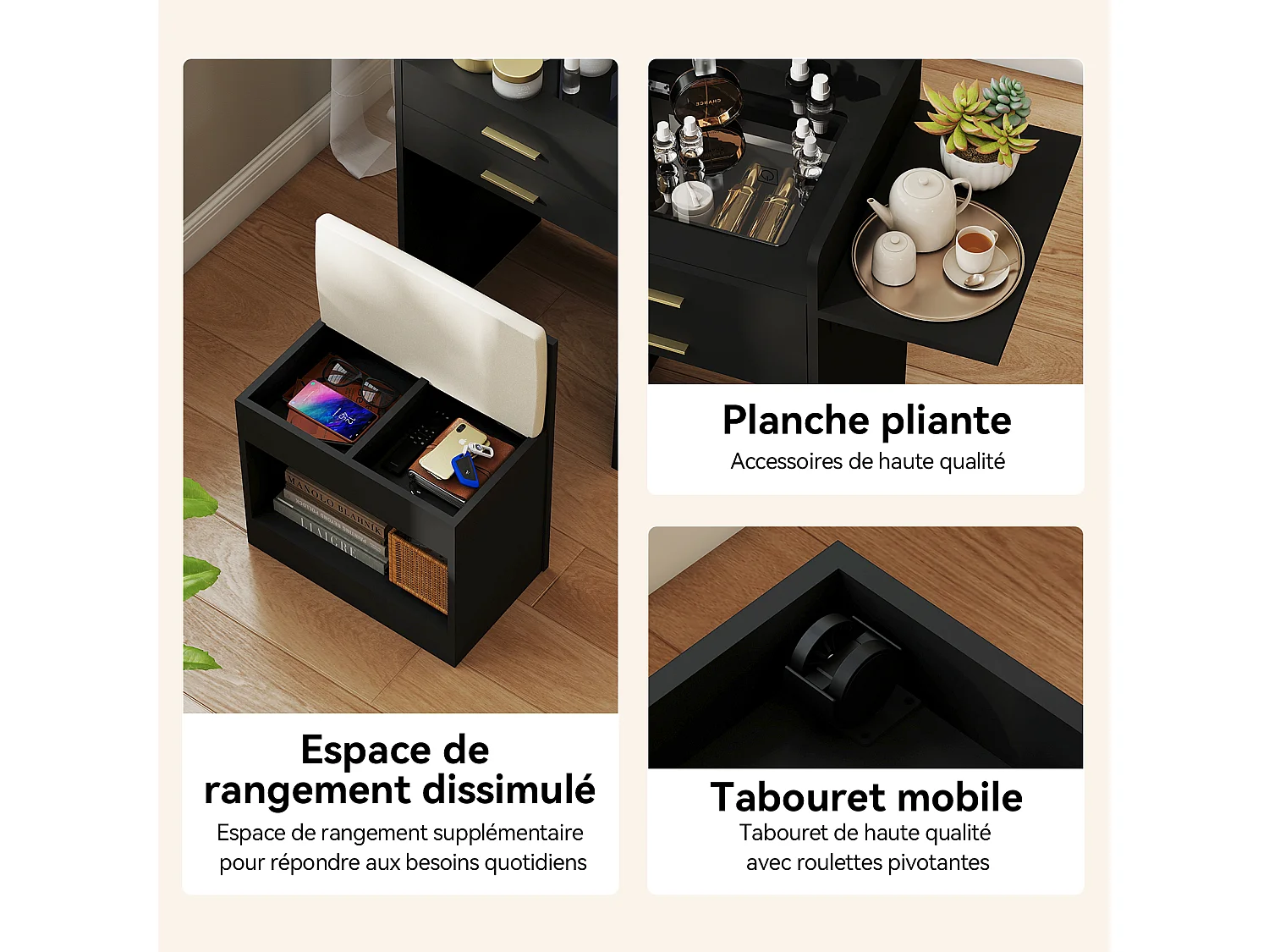 Coiffeuse miroir LED pliable 3 teintes - verre trempé, 2 tiroirs, panneau rabattable, tabouret roulettes - 50x44.5x133cm - Noir - Puluomis