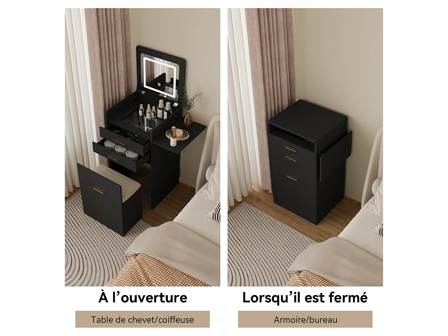 Coiffeuse miroir LED pliable 3 teintes - verre trempé, 2 tiroirs, panneau rabattable, tabouret roulettes - 50x44.5x133cm - Noir - Puluomis