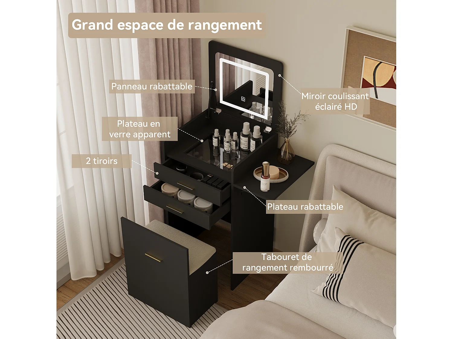 Coiffeuse miroir LED pliable 3 teintes - verre trempé, 2 tiroirs, panneau rabattable, tabouret roulettes - 50x44.5x133cm - Noir - Puluomis