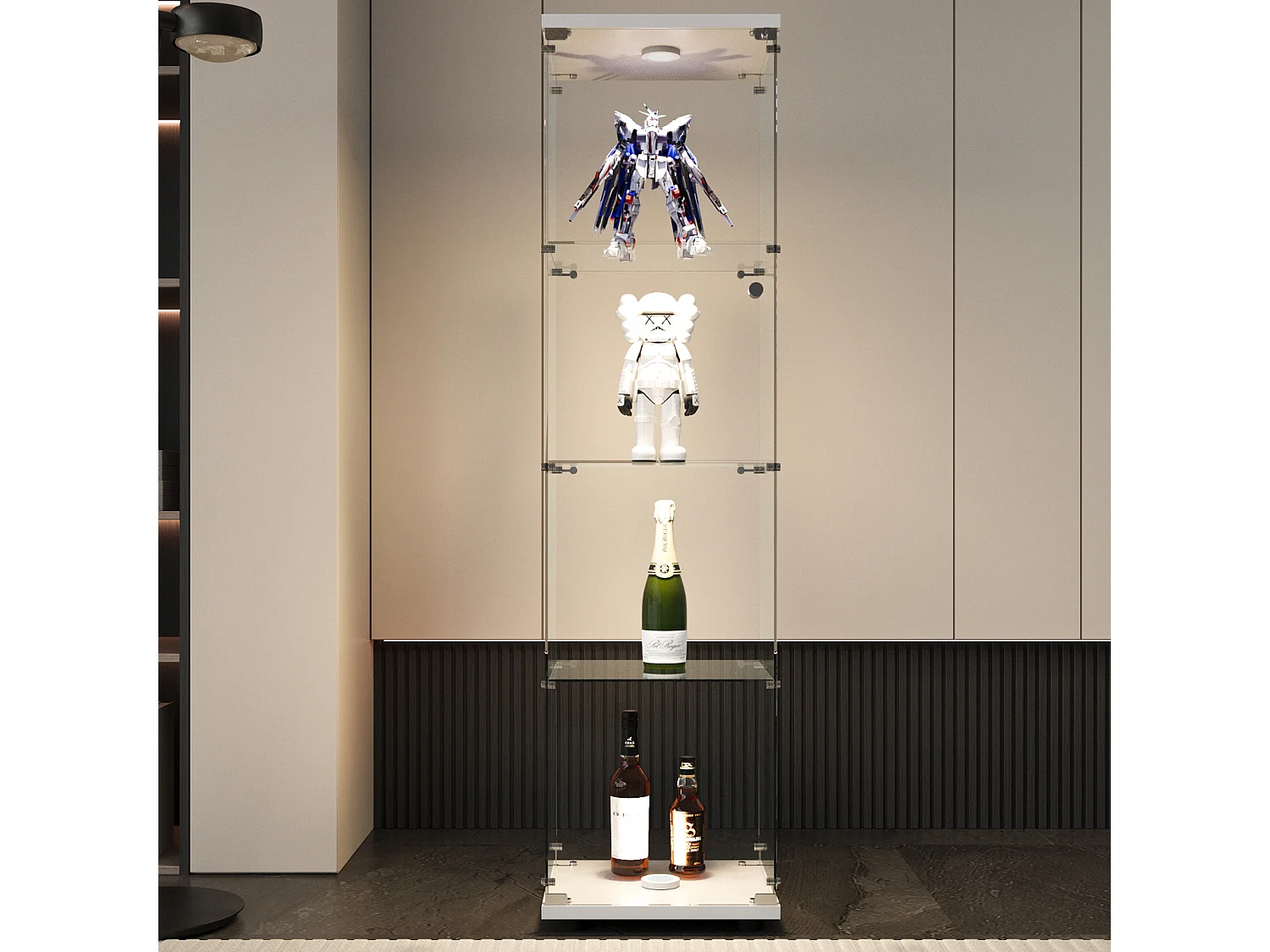 Vitrine en verre avec LED et serrure, pour salon, chambre, 42x36x164 cm, 1 porte, 4 étagères, blanc