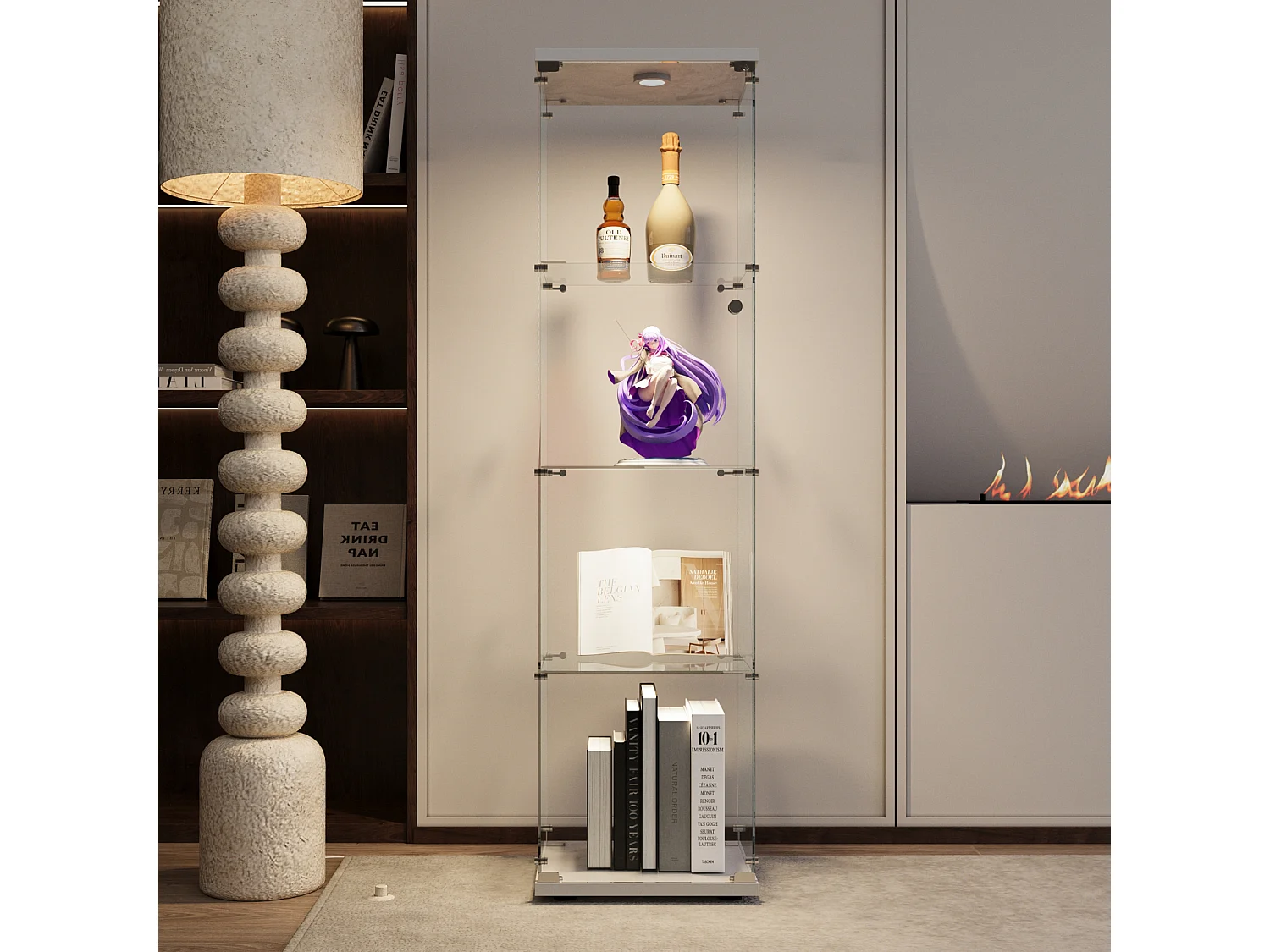 Vitrine en verre avec LED et serrure, pour salon, chambre, 42x36x164 cm, 1 porte, 4 étagères, blanc
