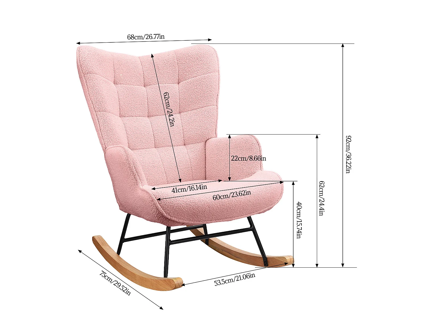 Fauteuil à Bascule - Chaise Relax pour Salon, Chambre à Coucher - Rose   - 75 x 68 x 92 cm