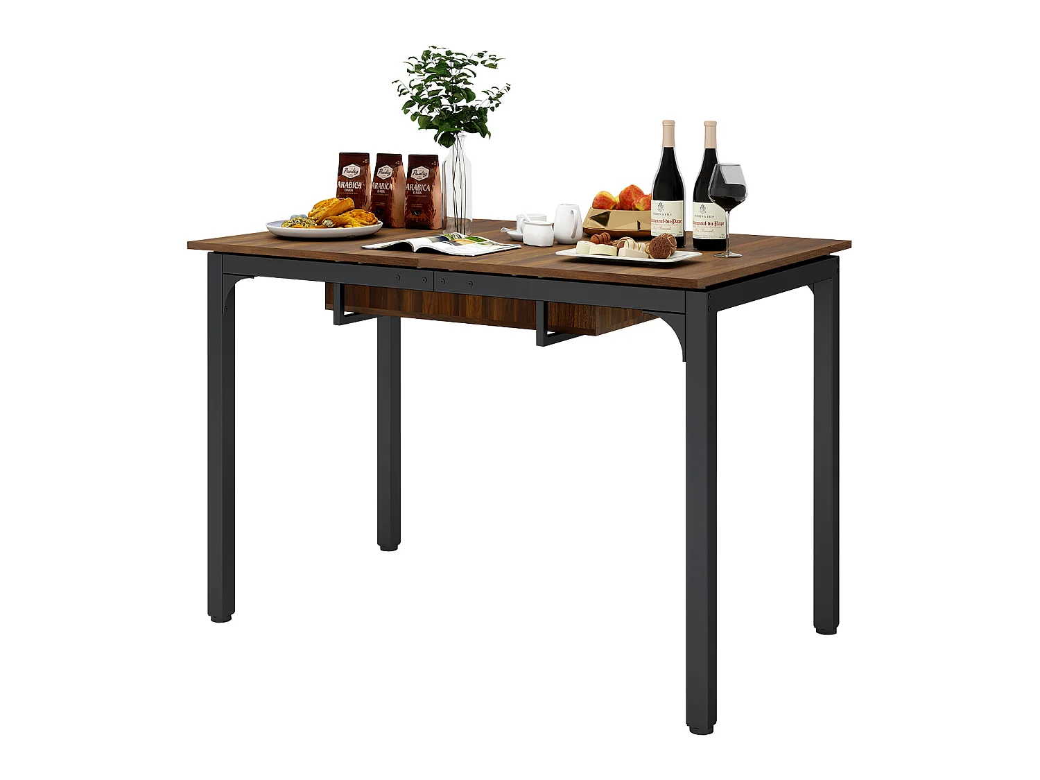 Table à manger extensible 4 à 8 personnes en MDF et acier - Brun - Puluomis