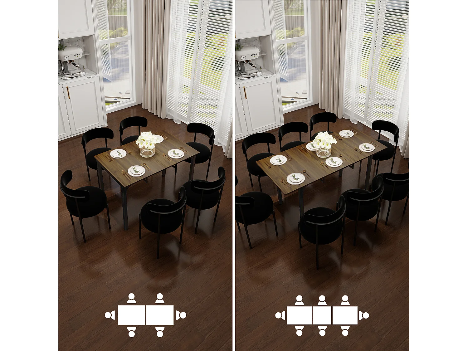 Table à manger extensible 4 à 8 personnes en MDF et acier - Brun - Puluomis