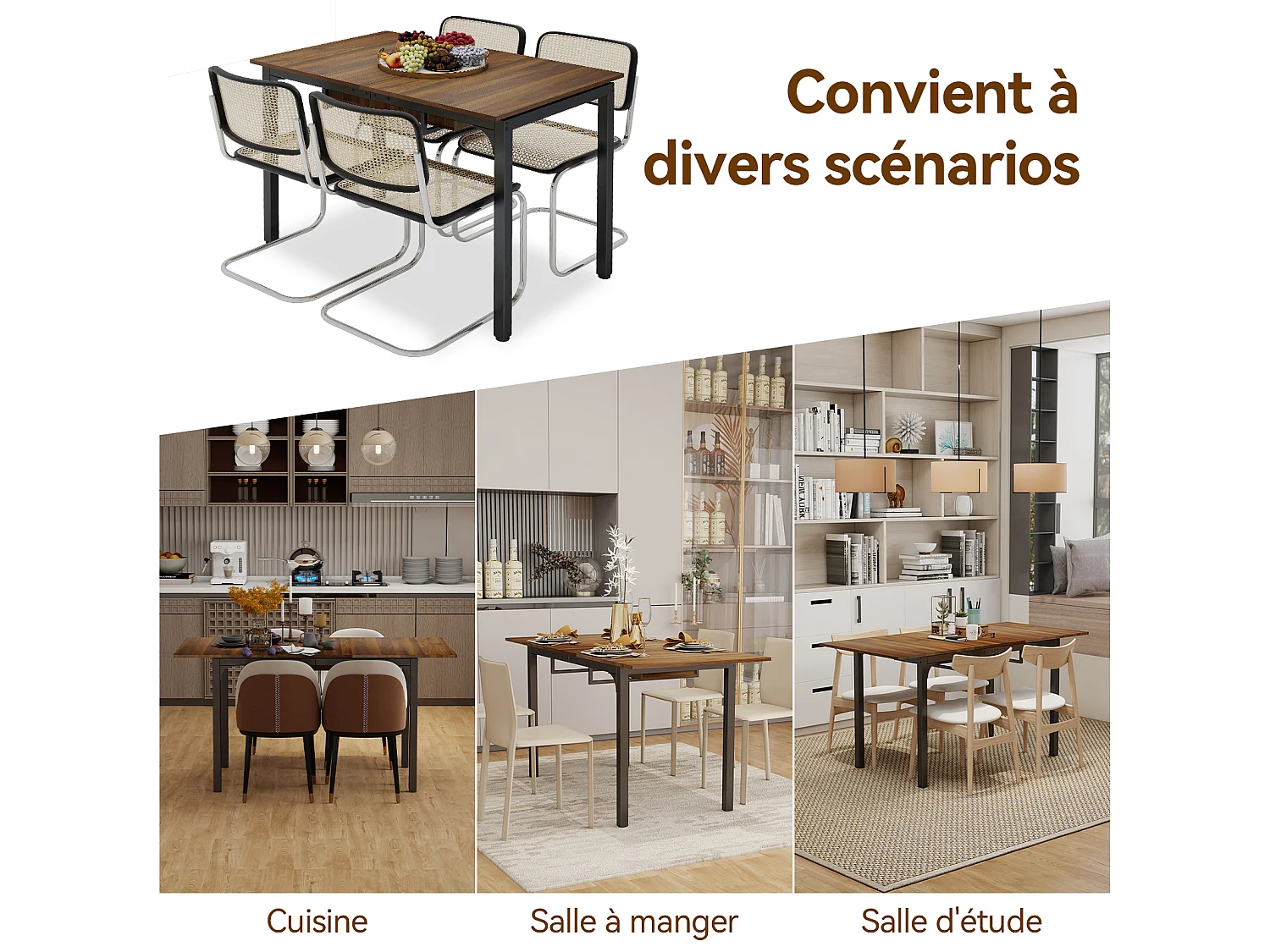 Table à manger extensible 4 à 8 personnes en MDF et acier - Brun - Puluomis
