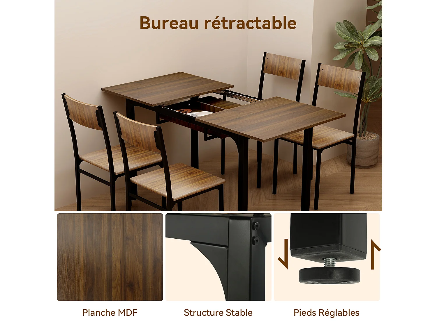 Table à manger extensible 4 à 8 personnes en MDF et acier - Brun - Puluomis