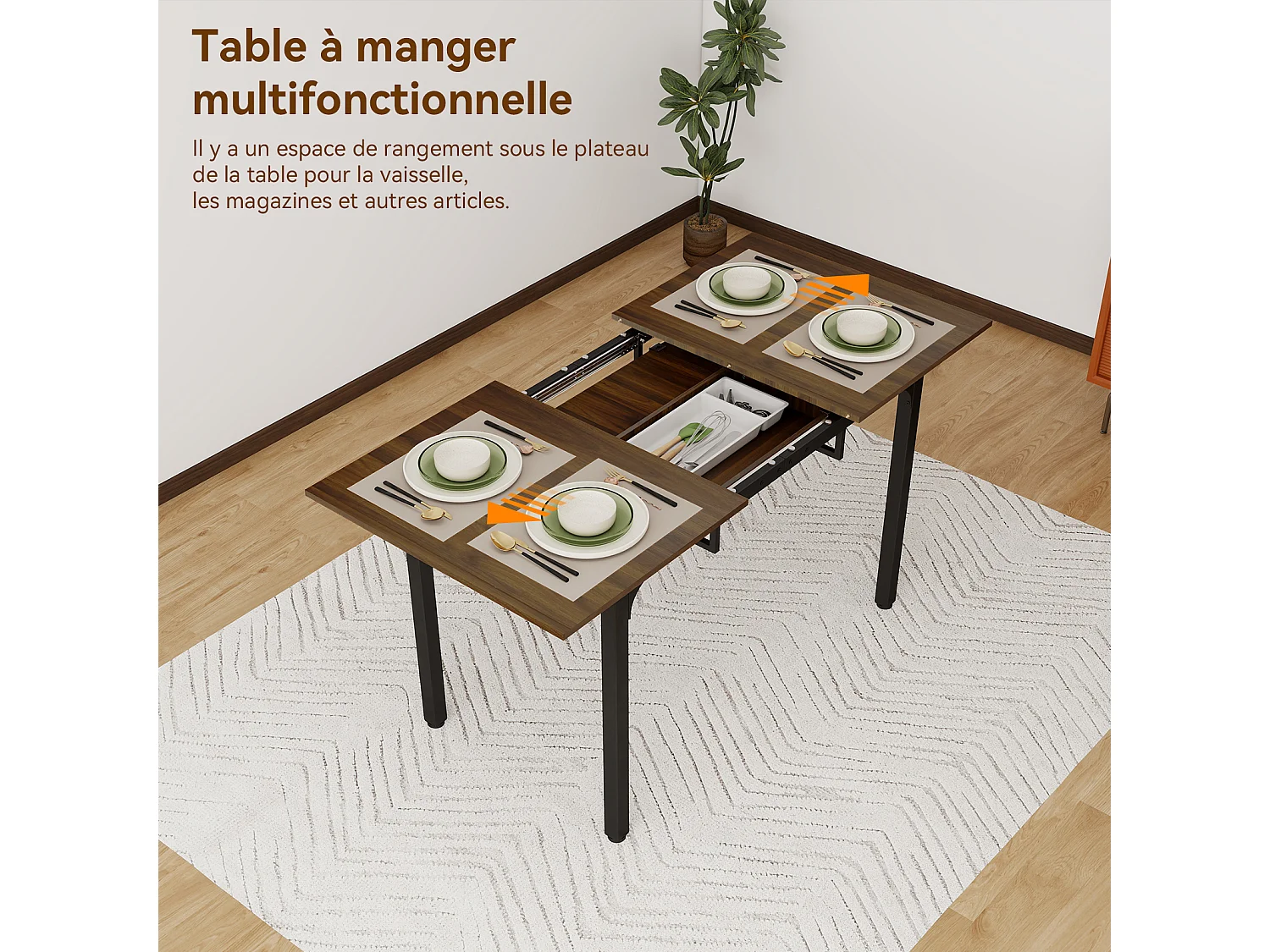 Table à manger extensible 4 à 8 personnes en MDF et acier - Brun - Puluomis