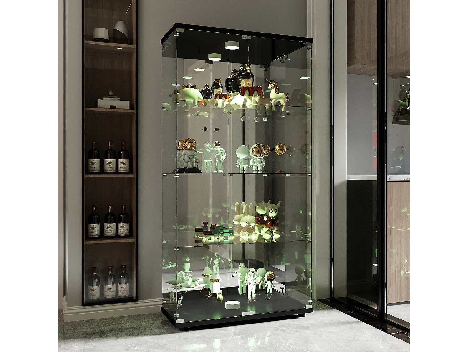 Vitrine en Verre avec LED et Serrure, Armoire Vitrine Salon en Verre avec 2 Portes et Etagères, Noir