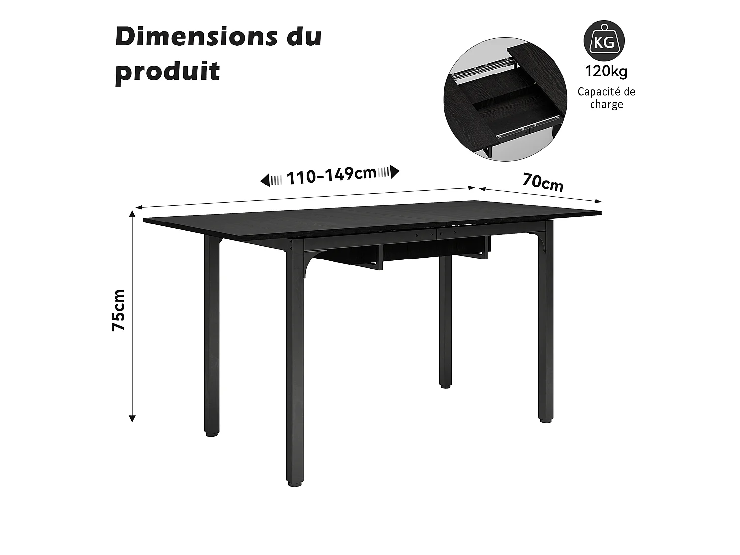 Table à manger extensible 4 à 8 personnes en MDF et acier - Noir - Puluomis