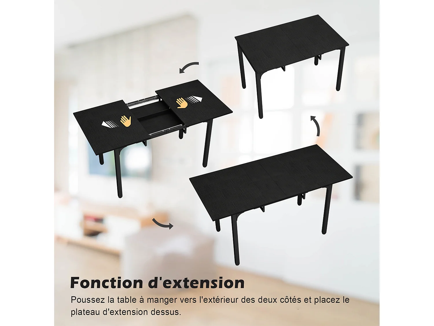 Table à manger extensible 4 à 8 personnes en MDF et acier - Noir - Puluomis
