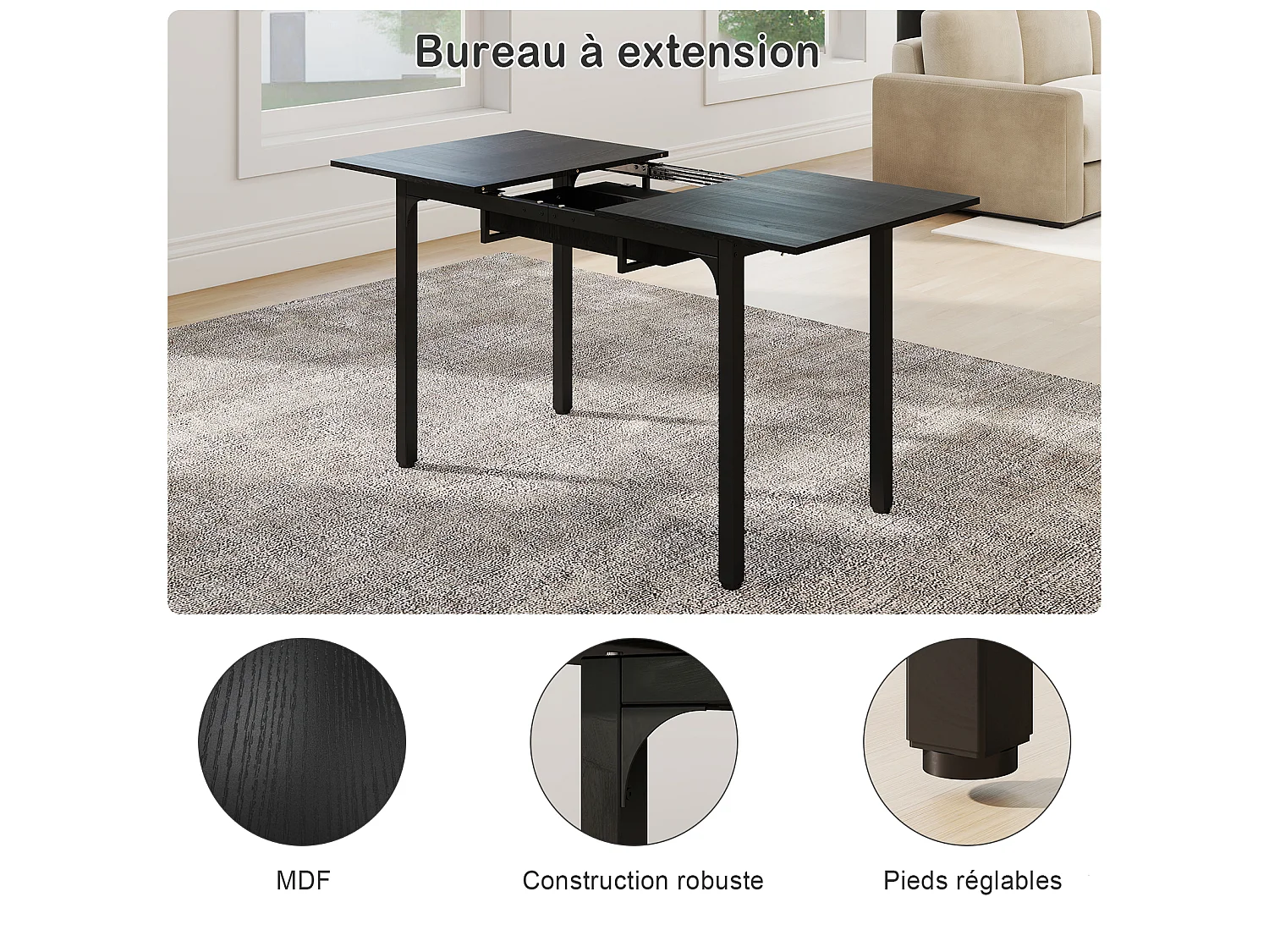 Table à manger extensible 4 à 8 personnes en MDF et acier - Noir - Puluomis