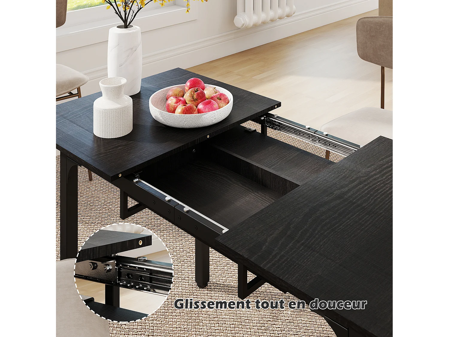 Table à manger extensible 4 à 8 personnes en MDF et acier - Noir - Puluomis