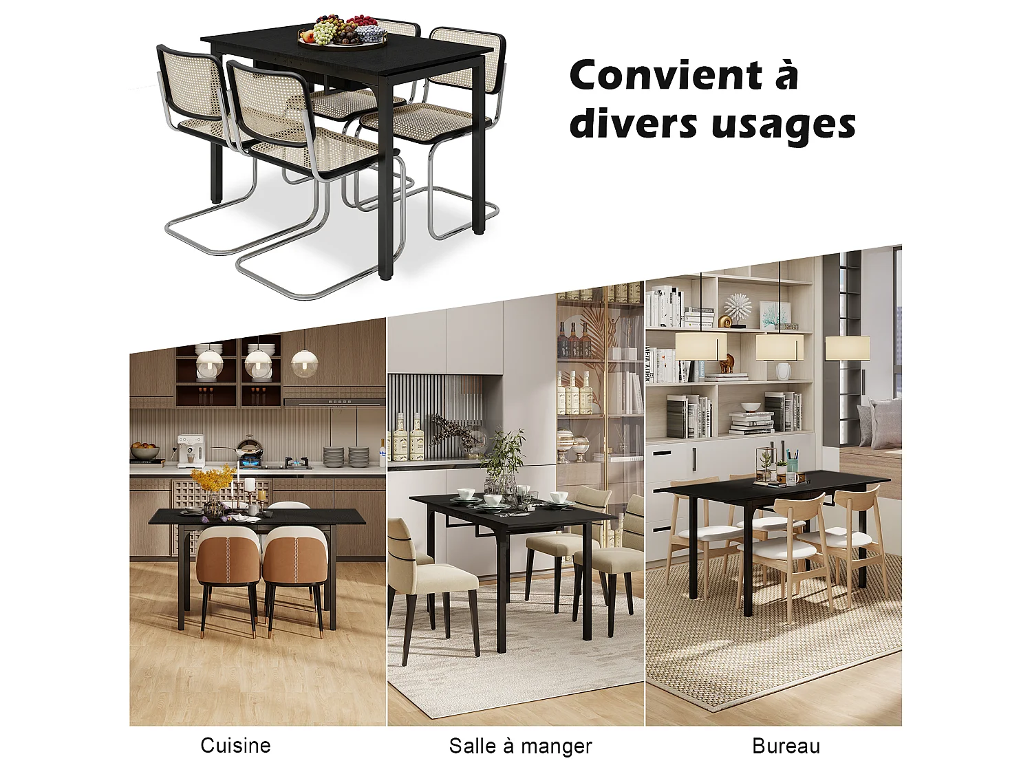 Table à manger extensible 4 à 8 personnes en MDF et acier - Noir - Puluomis