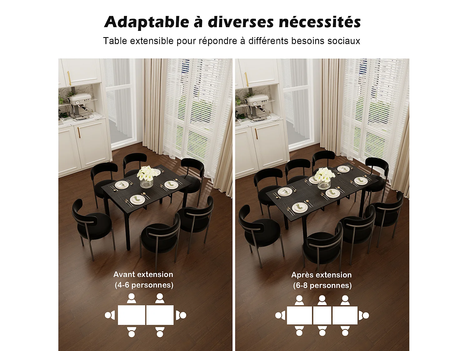 Table à manger extensible 4 à 8 personnes en MDF et acier - Noir - Puluomis