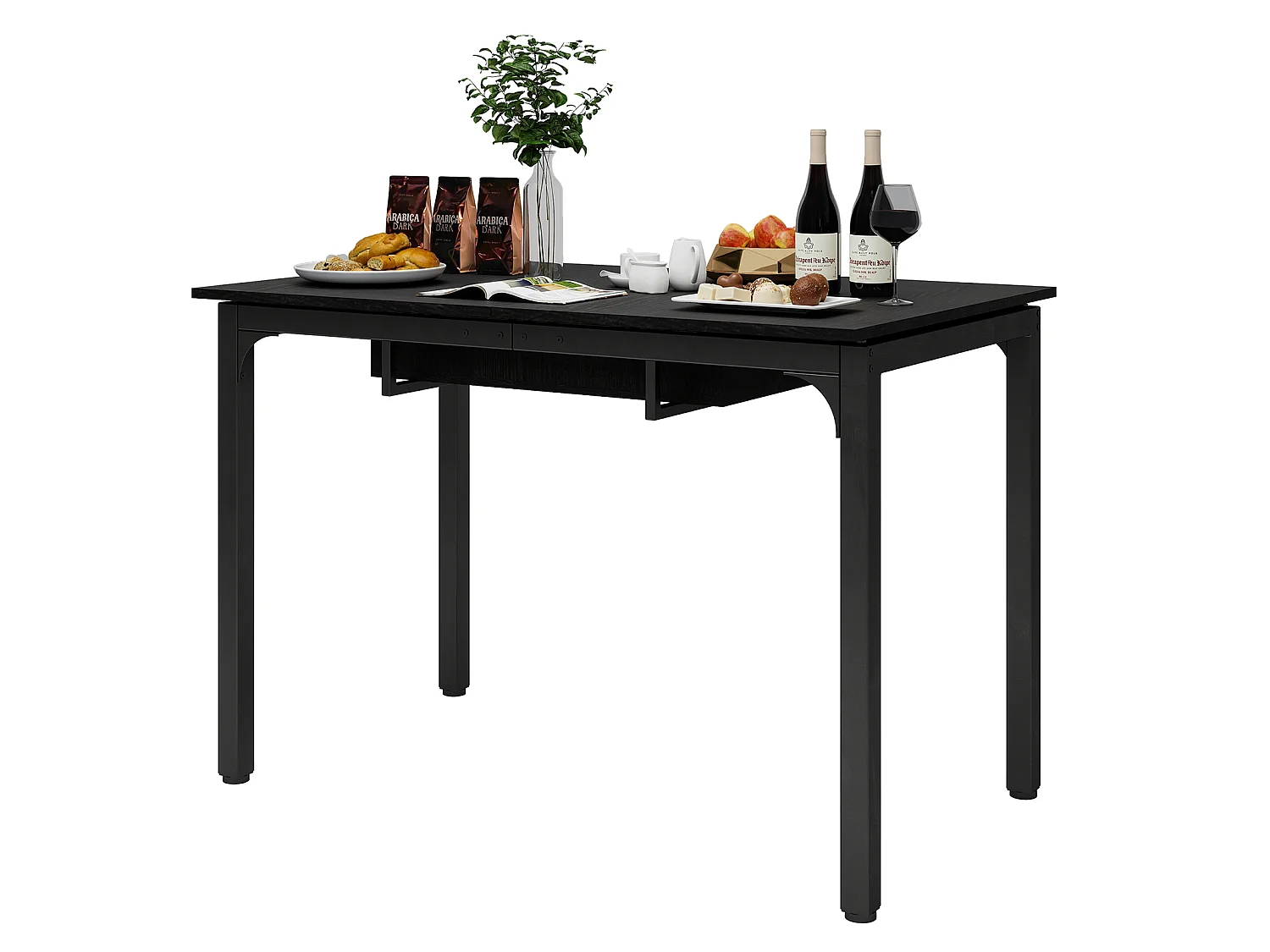 Table à manger extensible 4 à 8 personnes en MDF et acier - Noir - Puluomis