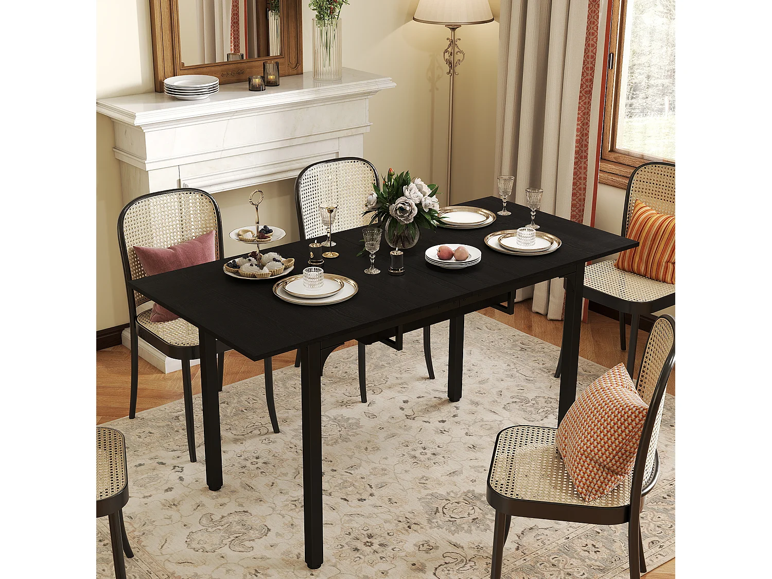 Table à manger extensible 4 à 8 personnes en MDF et acier - Noir - Puluomis