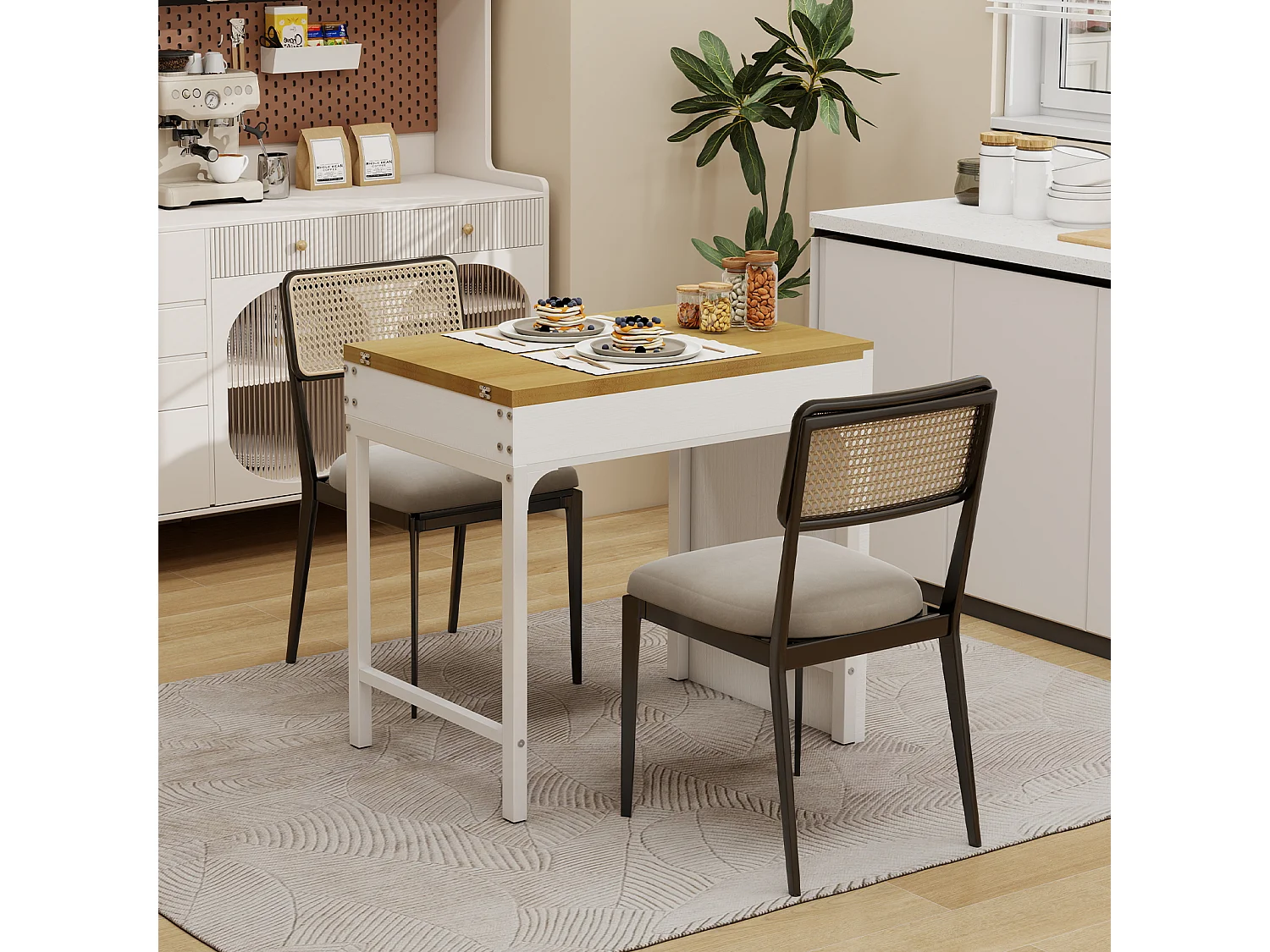 Table de Repas "Extensible" 80-160cm - Stockage - Naturel & Blanc