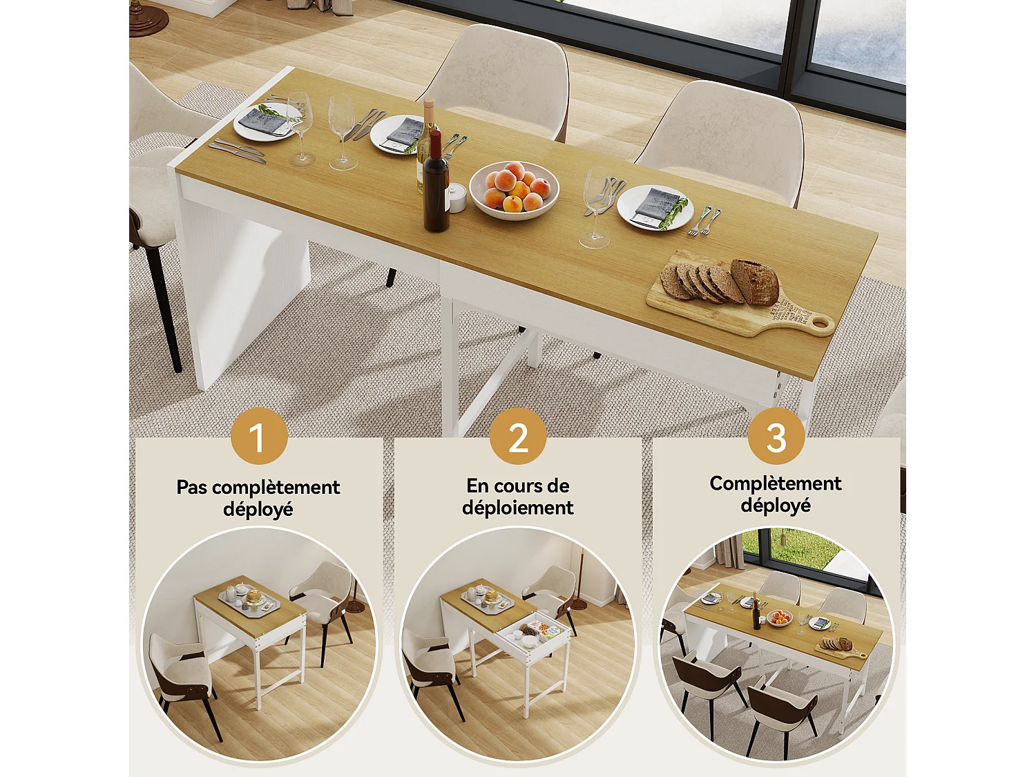 Table de Repas "Extensible" 80-160cm - Stockage - Naturel & Blanc
