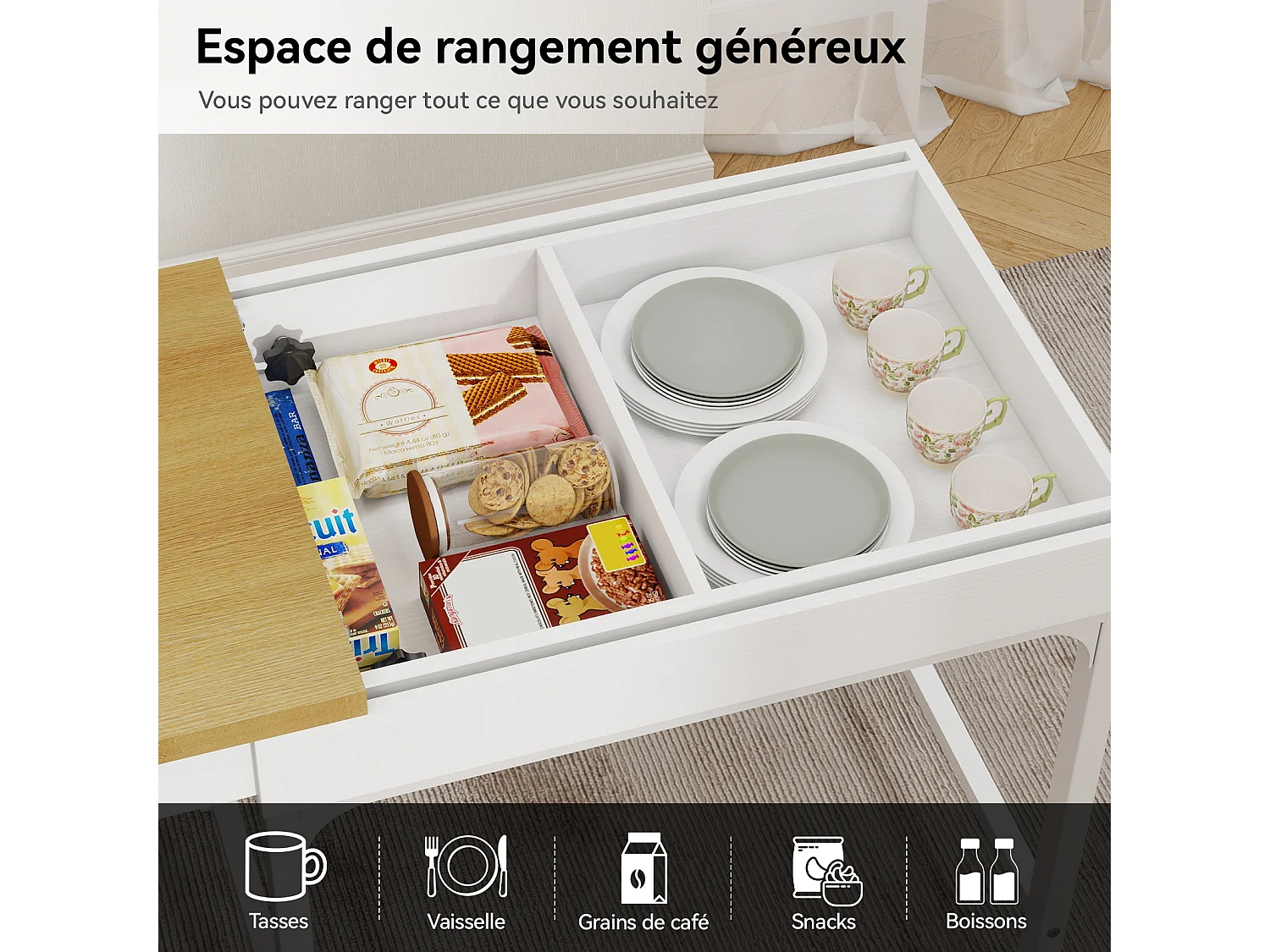 Table de Repas "Extensible" 80-160cm - Stockage - Naturel & Blanc