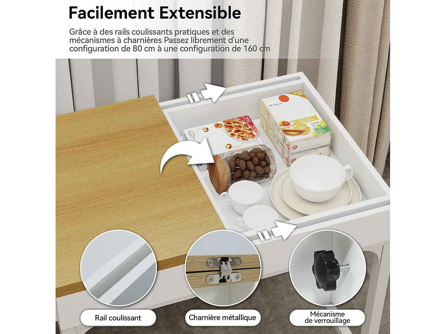 Table de Repas "Extensible" 80-160cm - Stockage - Naturel & Blanc