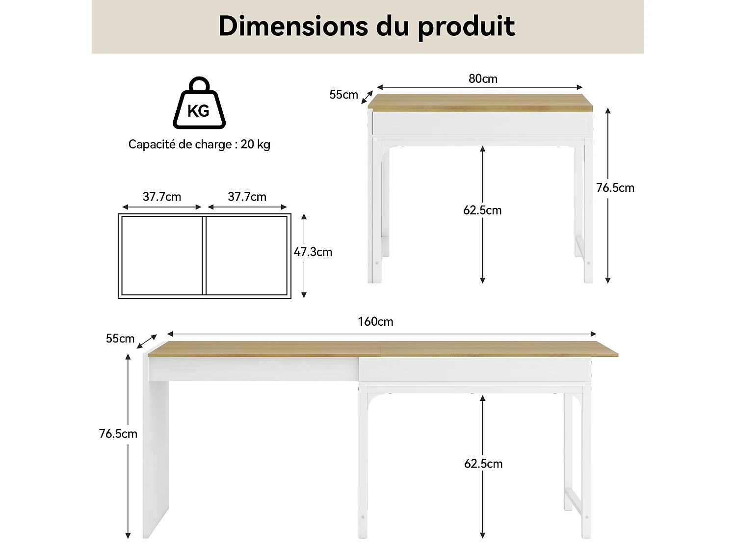 Table de Repas "Extensible" 80-160cm - Stockage - Naturel & Blanc