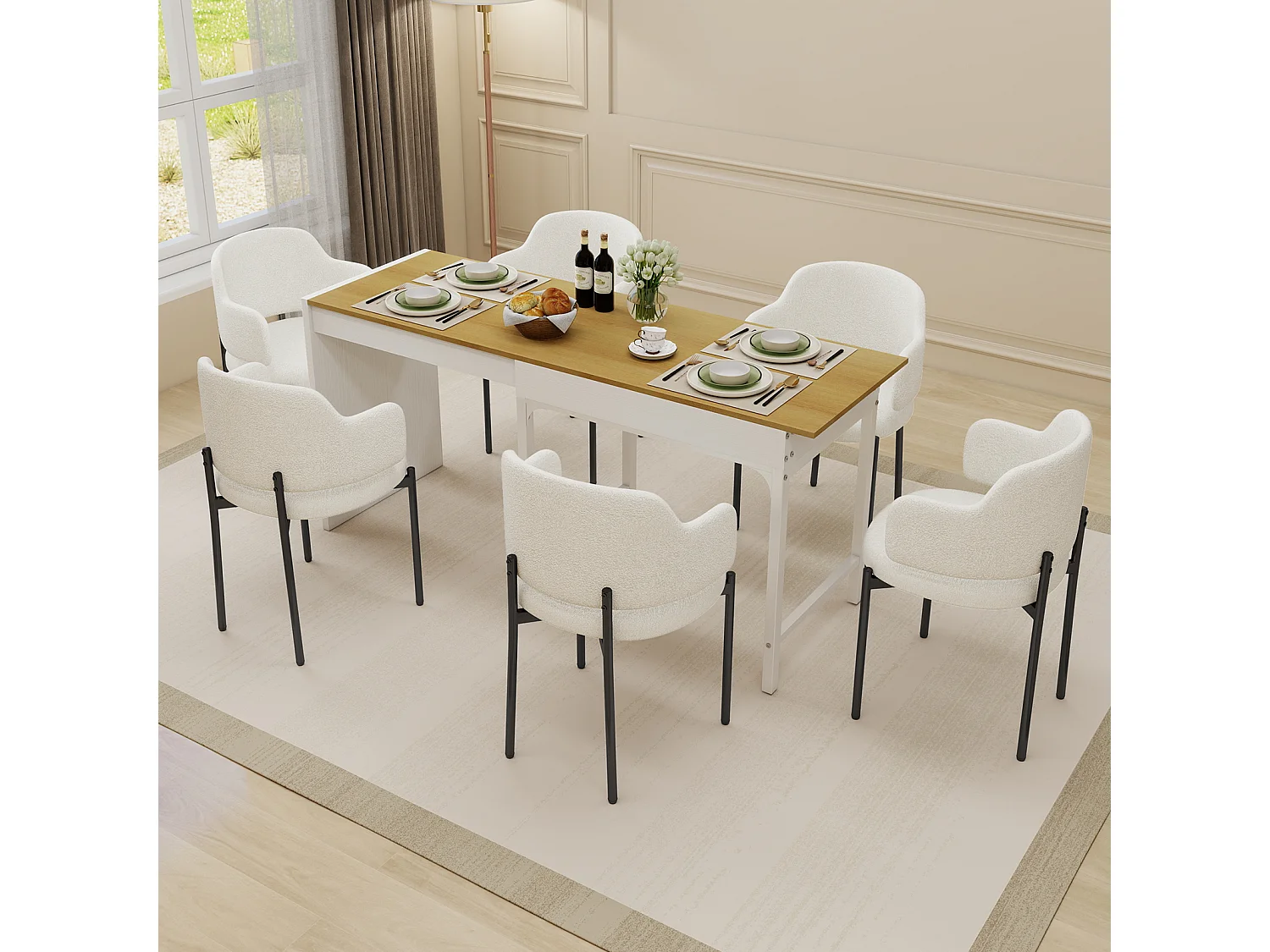 Table de Repas "Extensible" 80-160cm - Stockage - Naturel & Blanc