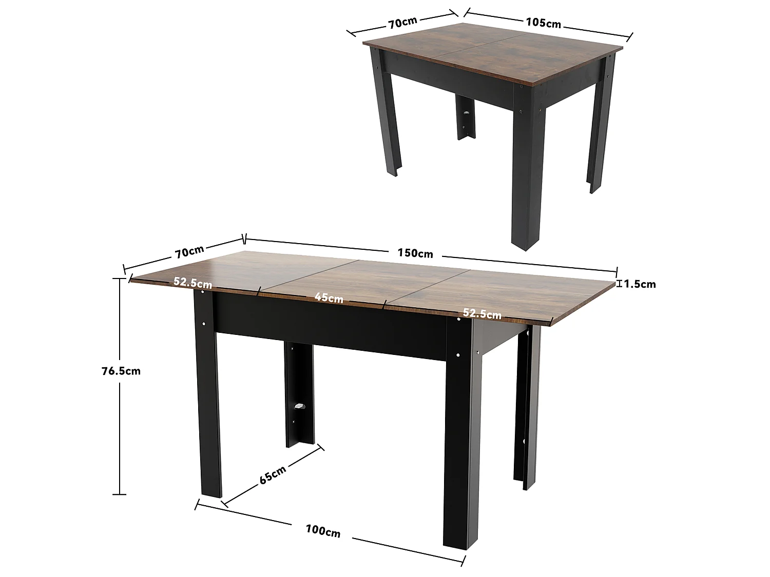 Table à manger extensible 4 à 6 personnes en MDF et acier - Vintage marron - Puluomis