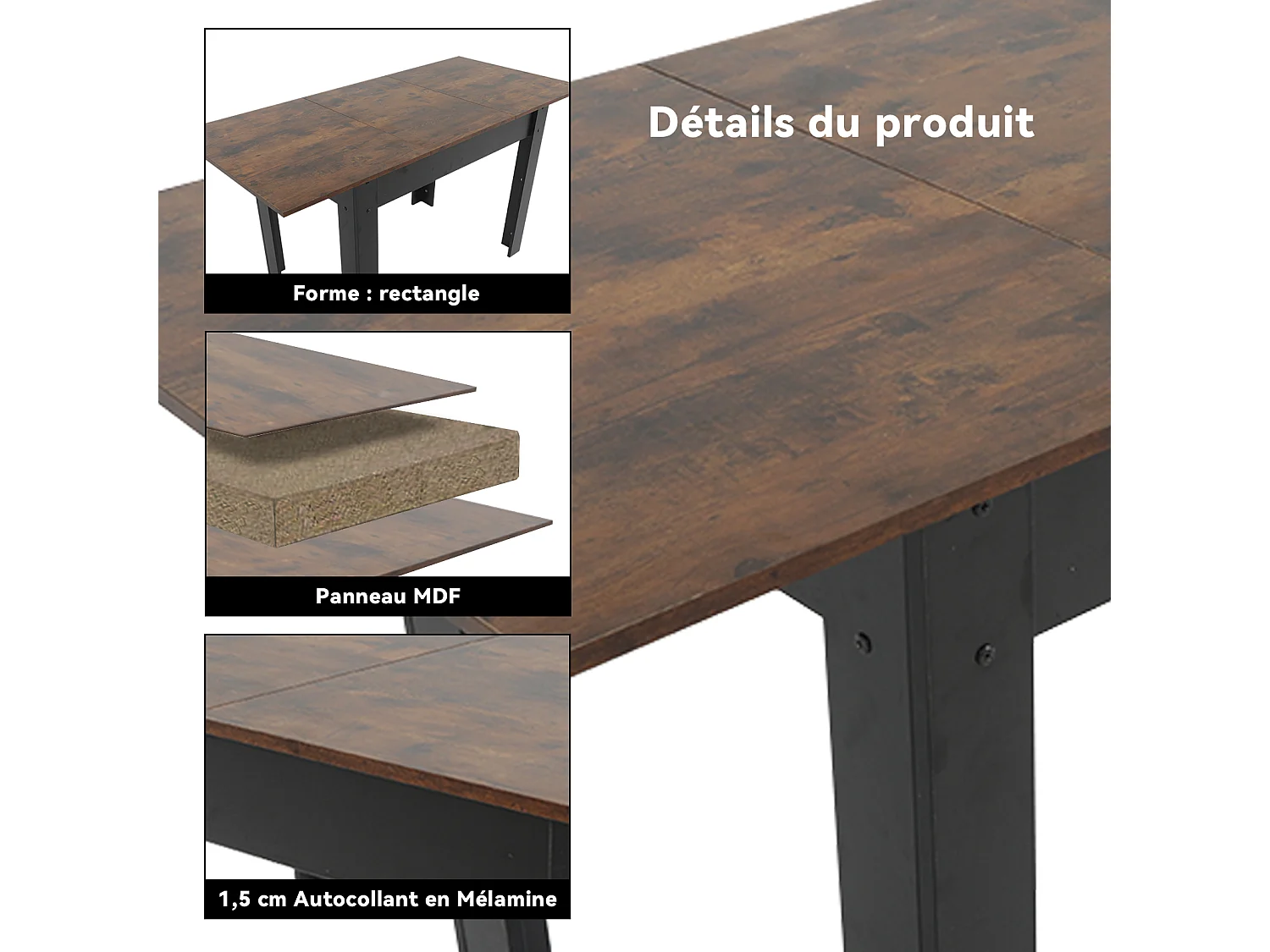 Table à manger extensible 4 à 6 personnes en MDF et acier - Vintage marron - Puluomis