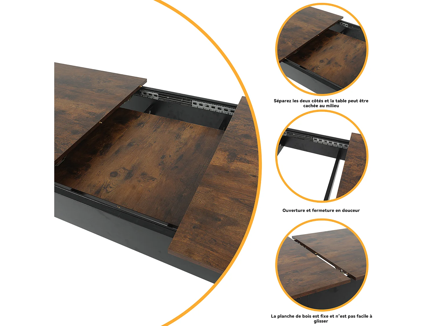 Table à manger extensible 4 à 6 personnes en MDF et acier - Vintage marron - Puluomis