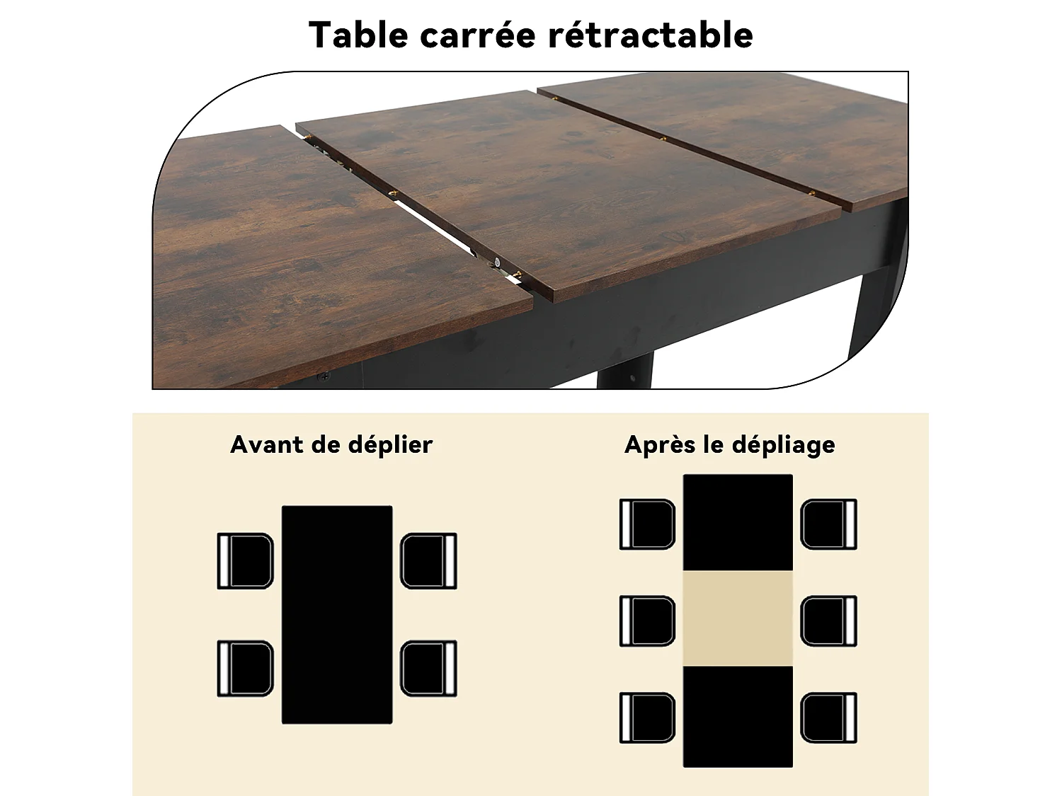 Table à manger extensible 4 à 6 personnes en MDF et acier - Vintage marron - Puluomis