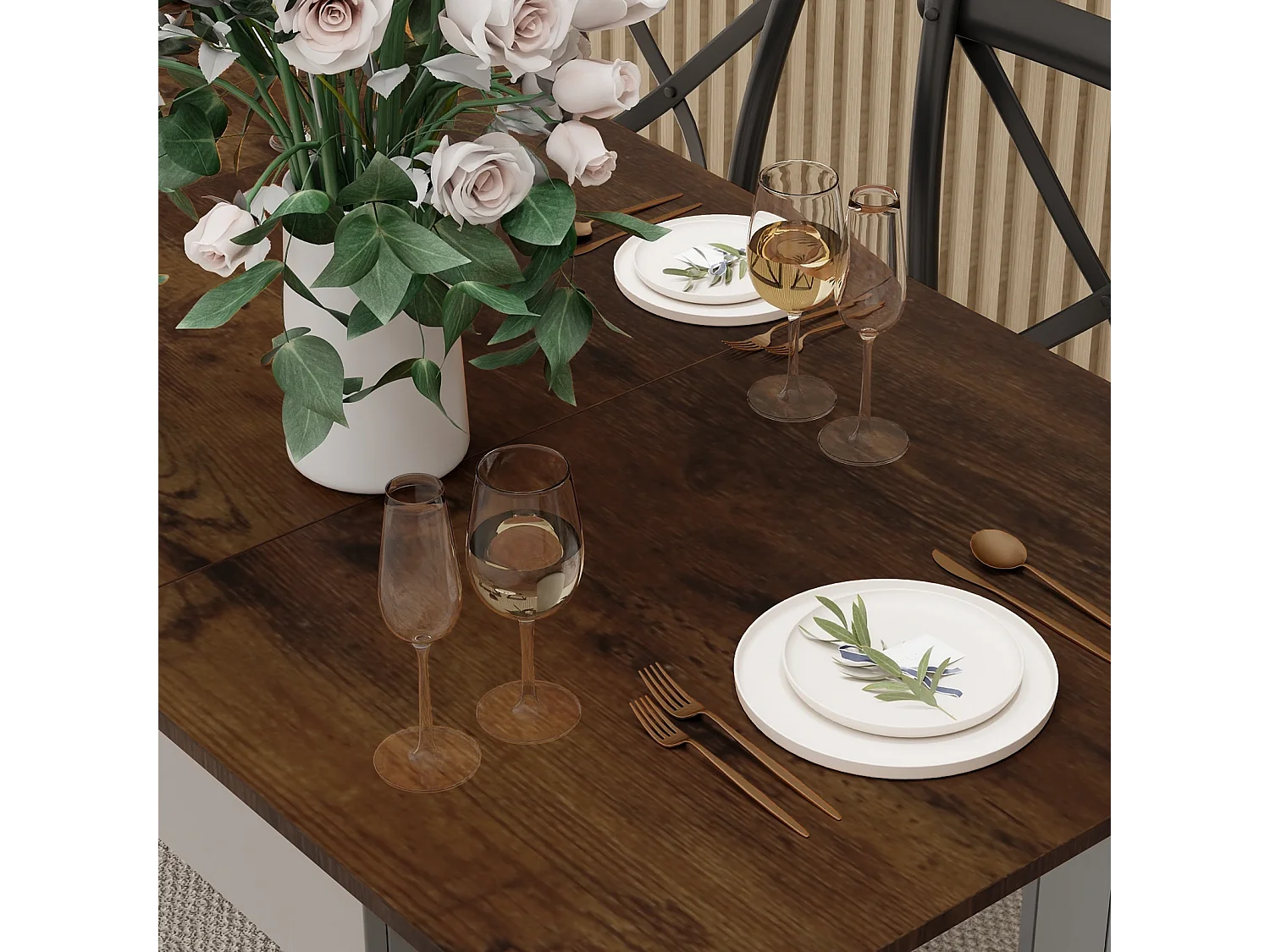 Table à manger extensible 4 à 6 personnes en MDF et acier - Vintage marron - Puluomis