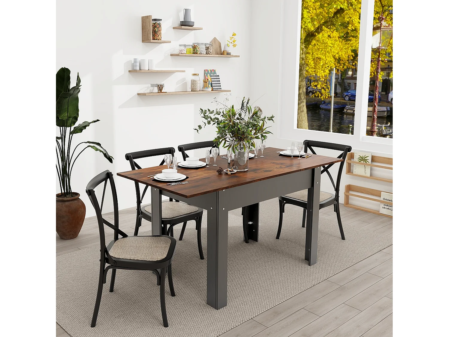 Table à manger extensible 4 à 6 personnes en MDF et acier - Vintage marron - Puluomis