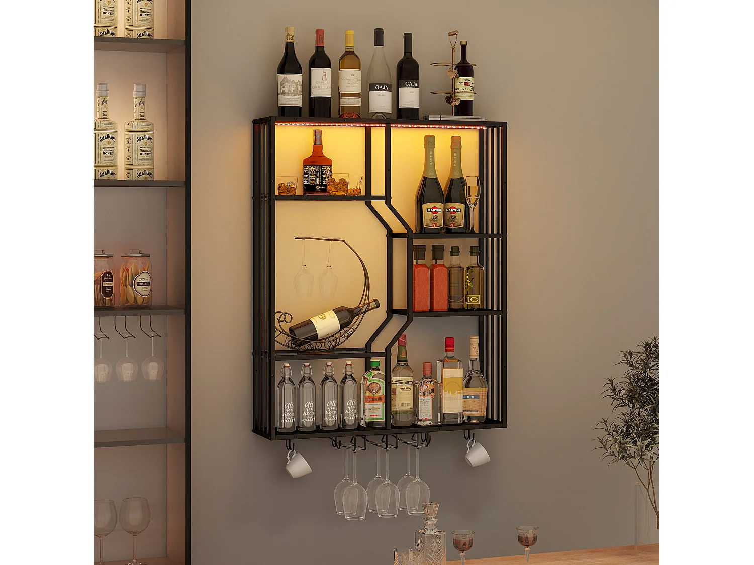 Porte-bouteilles mural industriel RGB, étagère de rangement avec éclairage APP, porte-verres à vin - Noir - Puluomis