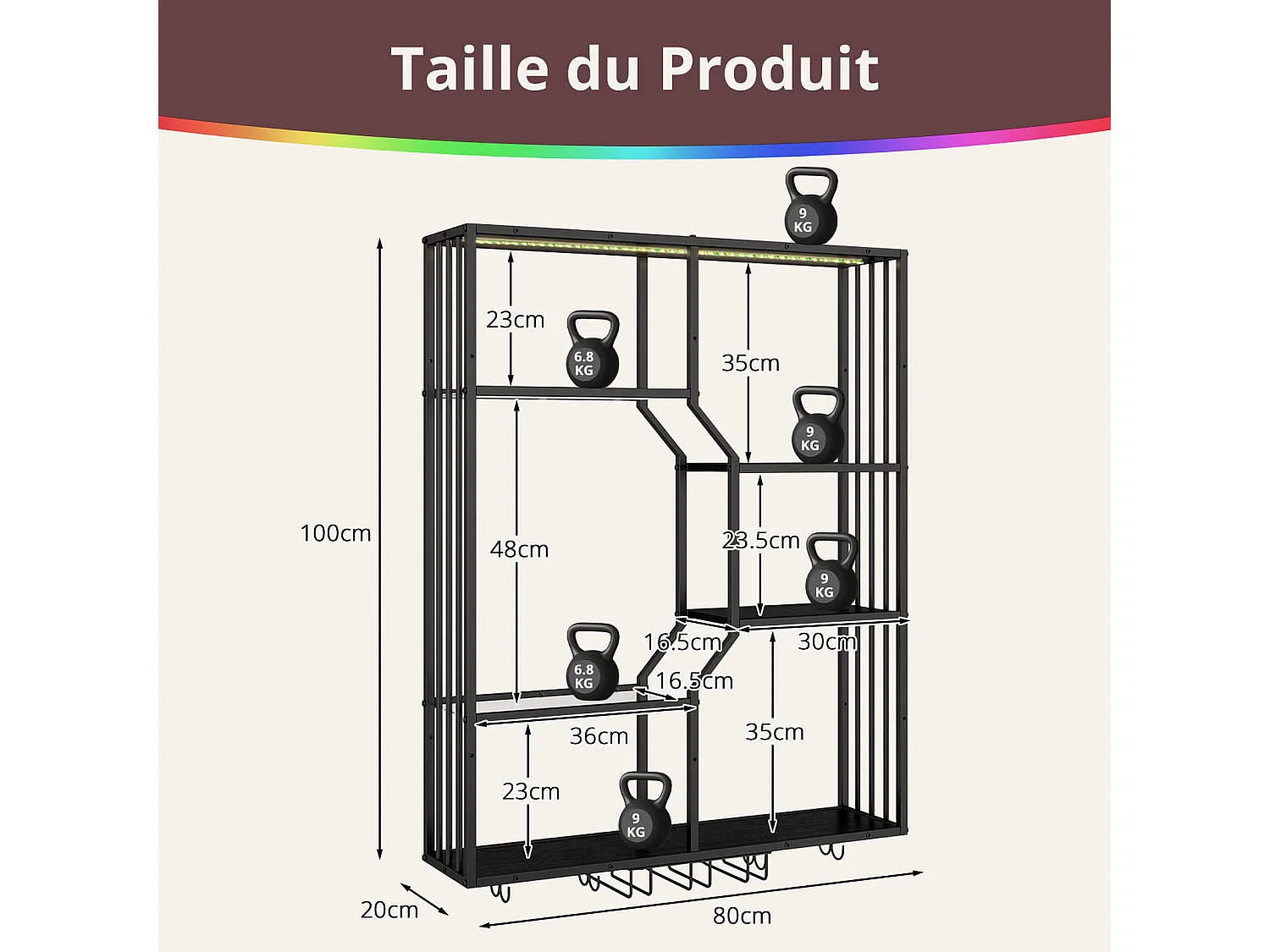 Porte-bouteilles mural industriel RGB, étagère de rangement avec éclairage APP, porte-verres à vin - Noir - Puluomis