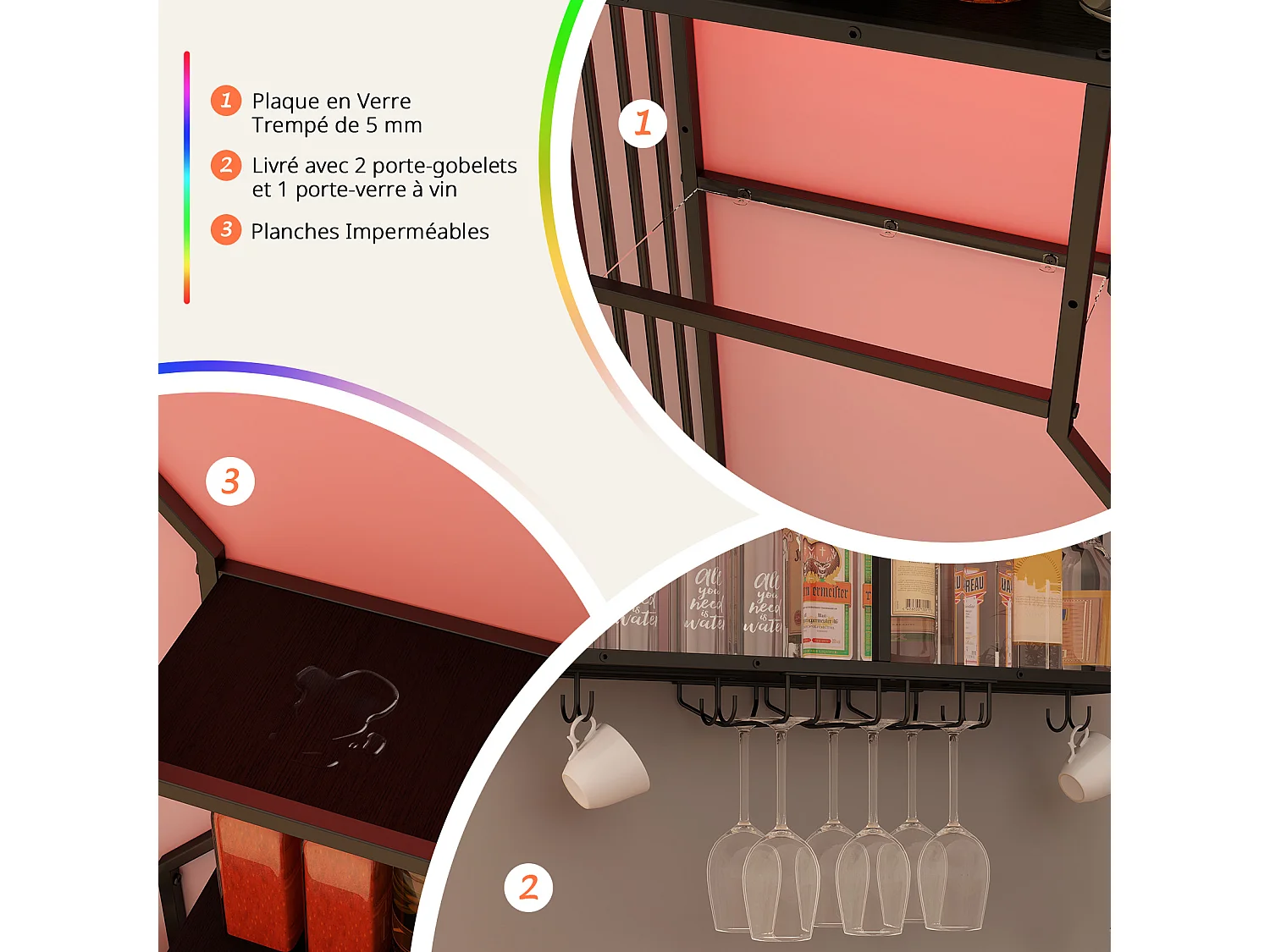 Porte-bouteilles mural industriel RGB, étagère de rangement avec éclairage APP, porte-verres à vin - Noir - Puluomis
