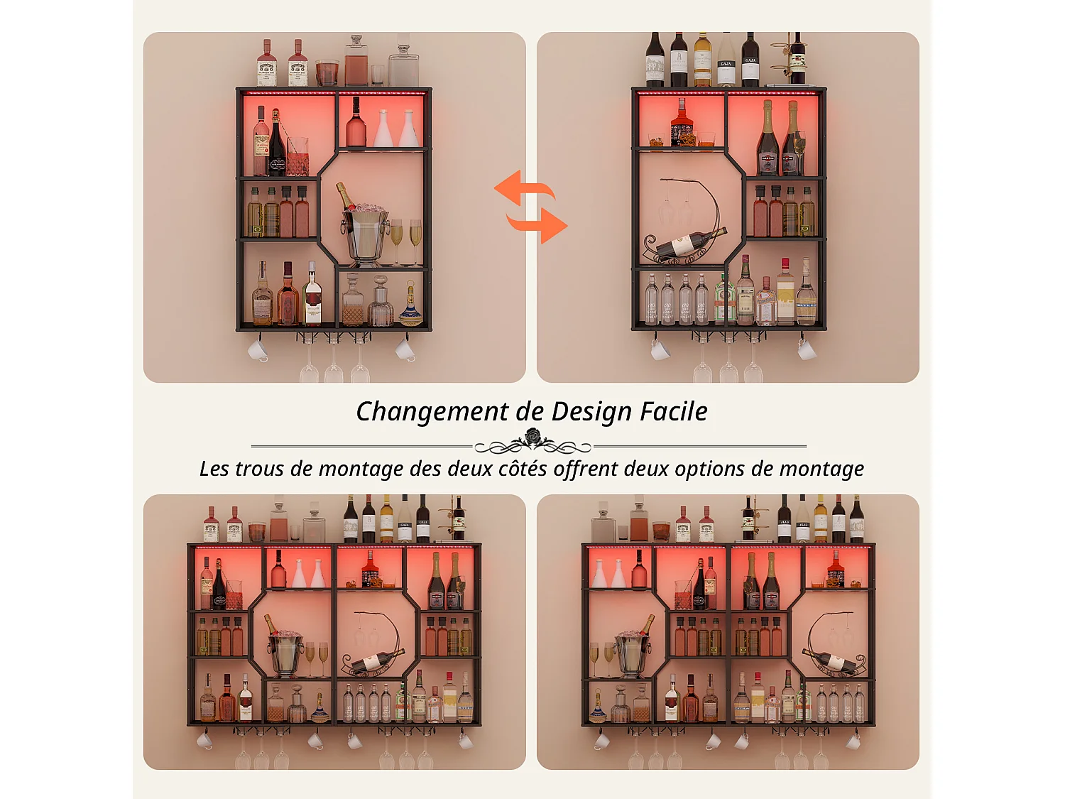 Porte-bouteilles mural industriel RGB, étagère de rangement avec éclairage APP, porte-verres à vin - Noir - Puluomis