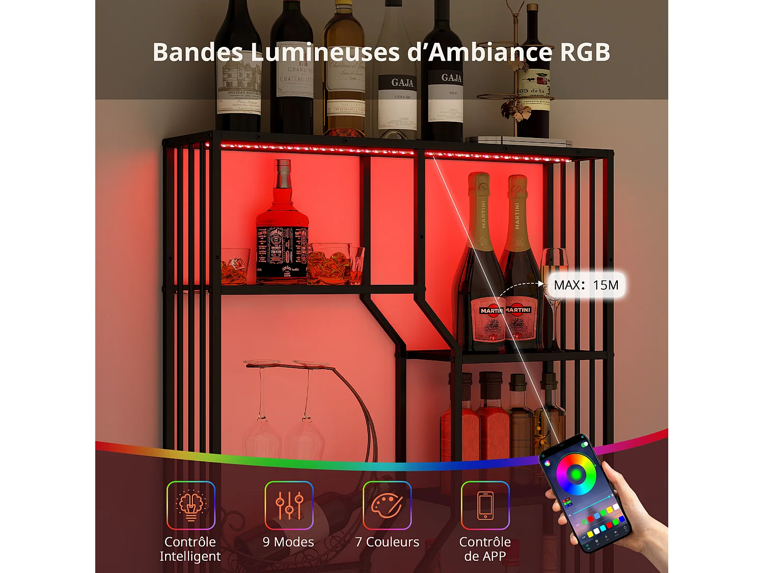 Porte-bouteilles mural industriel RGB, étagère de rangement avec éclairage APP, porte-verres à vin - Noir - Puluomis