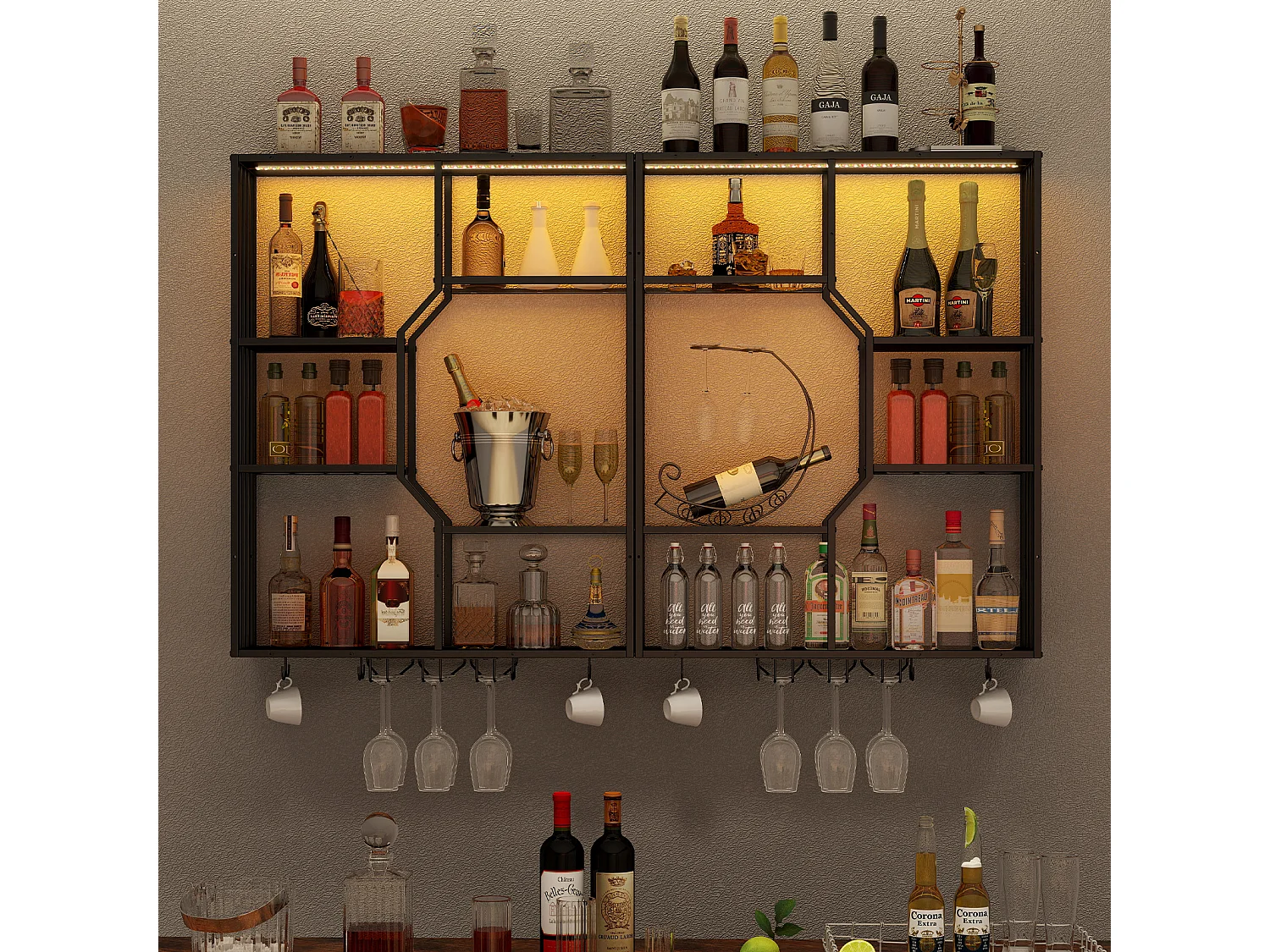 Porte-bouteilles mural industriel RGB, étagère de rangement avec éclairage APP, porte-verres à vin - Noir - Puluomis