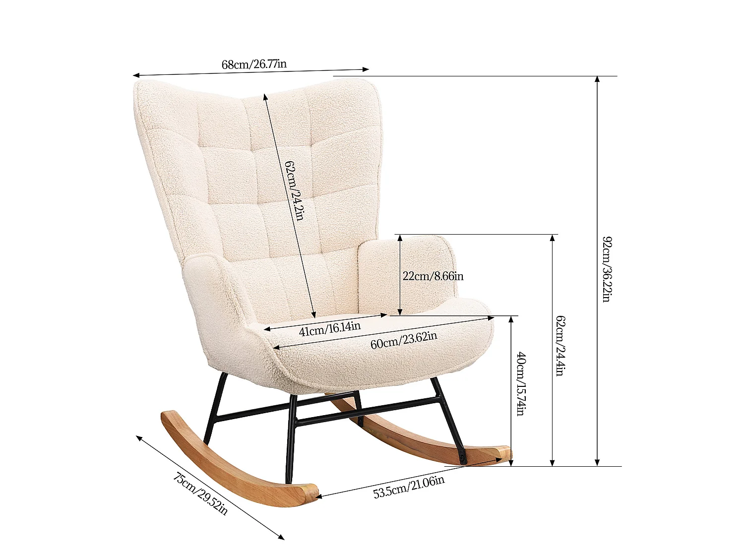 Fauteuil à Bascule - Chaise Relax pour Salon, Chambre à Coucher - Beige  - 75 x 68 x 92 cm